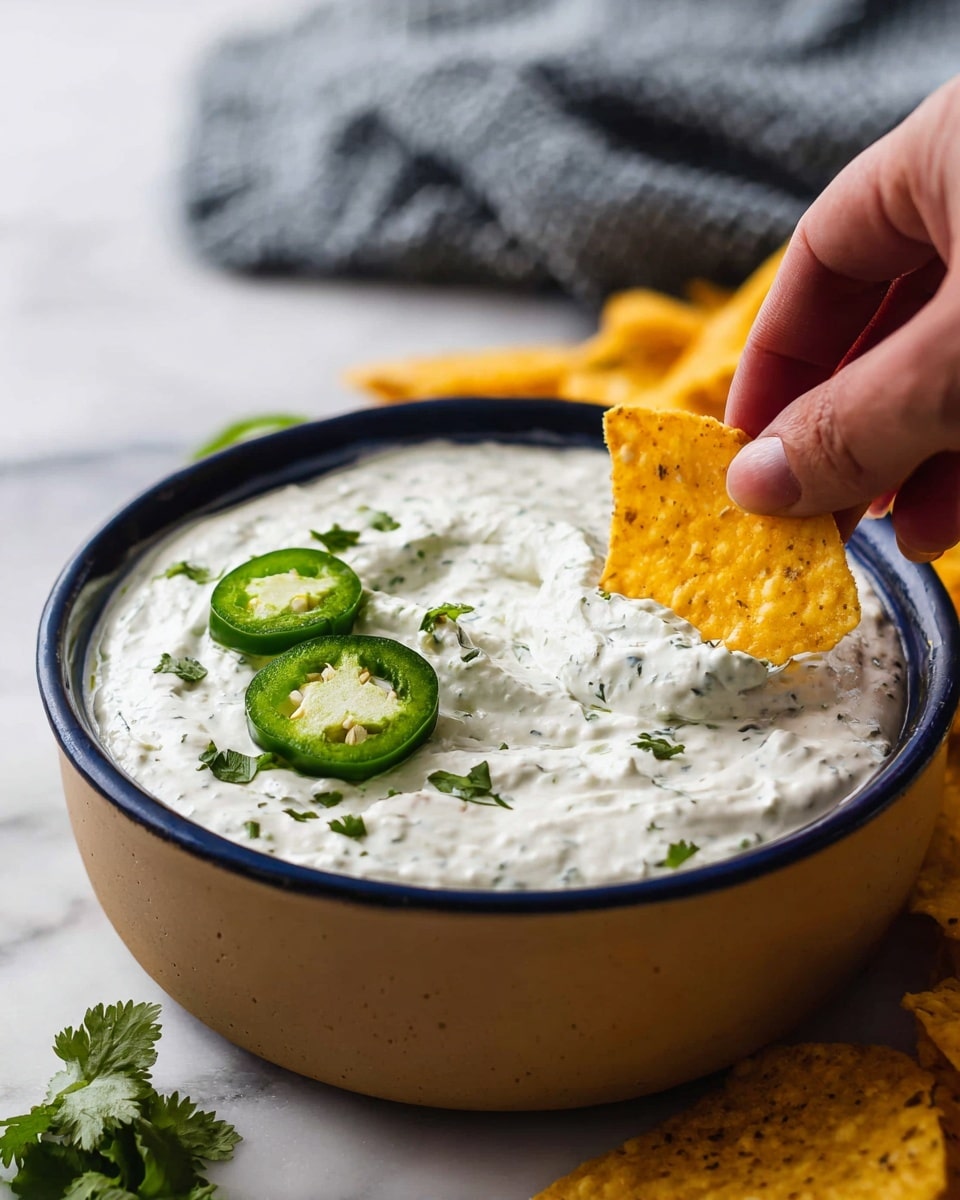 A close-up view of a tan bowl with a dark blue rim filled with thick white creamy dip speckled with green herbs. The dip is smooth with small dots of green leaves mixed in. On top, there are three green jalapeño slices and scattered cilantro leaves for garnish. A woman's hand is dipping a triangular yellow corn chip into the dip. Around the bowl, there are more yellow corn chips. The background is a white marbled surface with a grey textured cloth blurred slightly in the back. photo taken with an iphone --ar 4:5 --v 7