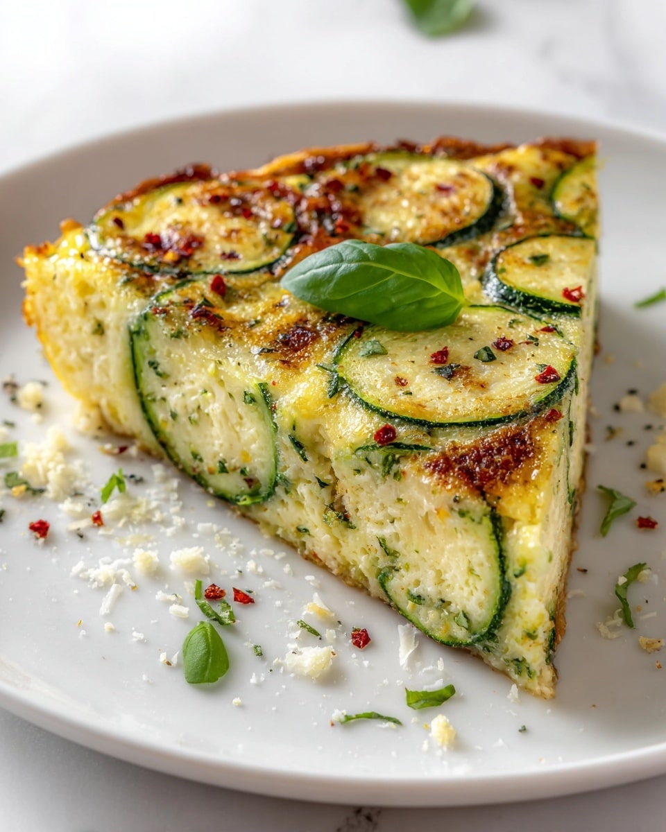 The image shows a slice of zucchini quiche being lifted from a white round pie dish. The quiche has a golden brown crust around the edges with a slightly raised border. Inside, there are multiple visible layers: a bottom layer of light golden crust, a creamy white layer mixed with herbs, and slices of green zucchini laid flat in rows within the creamy filling. The top layer is browned cheese with a lightly crispy texture and some darker baked spots. The background is a white marbled surface with a whole zucchini blurred in the distance, and a woman's hand is holding the slice with a spatula. Photo taken with an iphone --ar 4:5 --v 7
