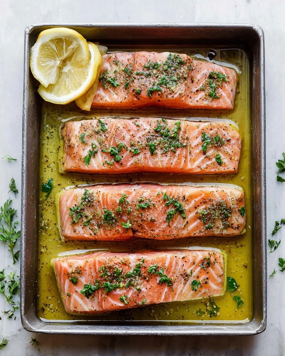 The image shows four raw salmon fillets placed side by side in a metal baking pan filled with a layer of golden olive oil. Each salmon fillet is light pink with white lines running through them and is sprinkled with finely chopped green herbs, cracked black pepper, and small green leaves on top. Two lemon wedges, one large and one smaller, are positioned near the top left fillet partially resting on the fish and the pan. The baking pan sits on a white marbled surface with some green herbs scattered around the edges. Photo taken with an iphone --ar 4:5 --v 7