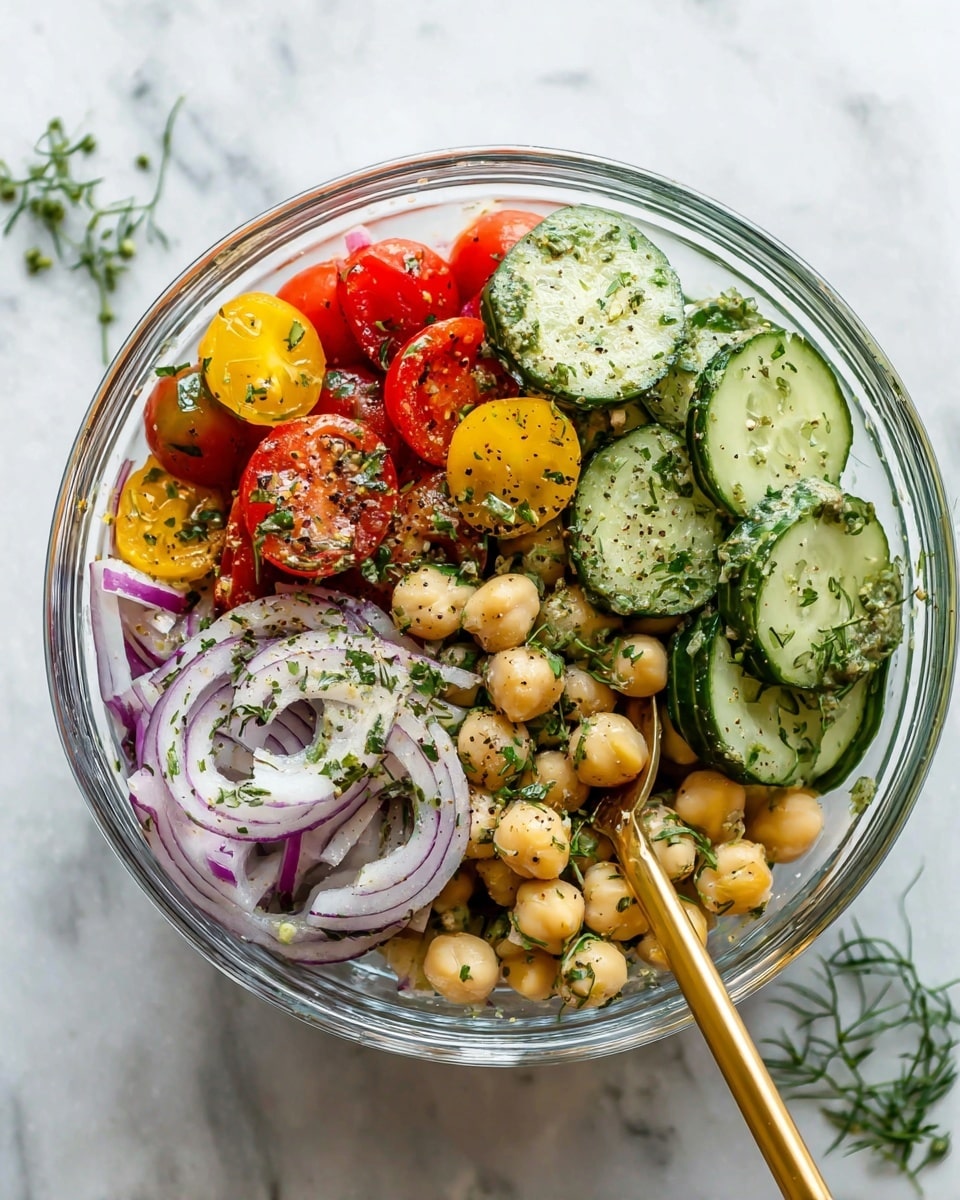 A clear glass bowl holds a fresh salad with five visible layers: on the top right, several slices of light green cucumber with dark green edges are sprinkled with green herbs and black pepper; beside it on the top left, there are red and yellow cherry tomato halves, shiny and juicy; below the tomatoes, pale beige chickpeas are tossed with green herbs; at the bottom left, thin curved slices of purple onion with white centers also have a light herb dressing; a gold spoon rests partially in the chickpeas layer, reflecting light. The bowl sits on a white marbled surface with some green herb sprigs nearby. photo taken with an iphone --ar 4:5 --v 7