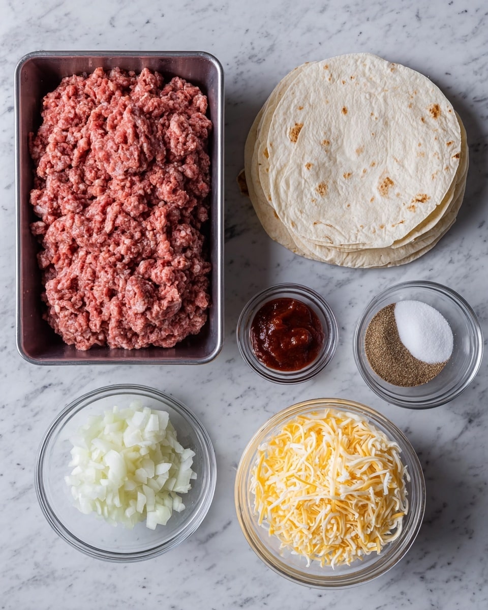 The image shows an overhead view of a few cooking ingredients neatly arranged on a white marbled surface. On the left side, there is a rectangular tray filled with raw ground meat, its texture bumpy and pinkish-red in color. Below it, there are three small round clear bowls – the first one holds coarse white salt, the second contains chopped white onions, and the third has a small scoop of dark red tomato paste. In the middle, slightly above, a small clear jar with a flipped-open lid reveals a finely ground brown spice mix. On the right side, there is a white stack of soft flour tortillas with lightly toasted brown spots, and below them, a medium bowl full of shredded yellow and white cheese. Photo taken with an iphone --ar 4:5 --v 7