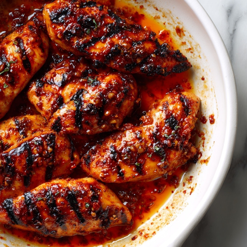 The image shows several pieces of dark reddish-brown cooked chicken tenders with a slightly shiny and sticky texture, covered in rich grilled marks and some caramelized bits. The chicken is arranged close together inside a white pan, which has splatters of reddish-orange oil and small burnt pieces around the edges. The background includes a white marbled surface barely visible beneath the pan. photo taken with an iphone --ar 4:5 --v 7