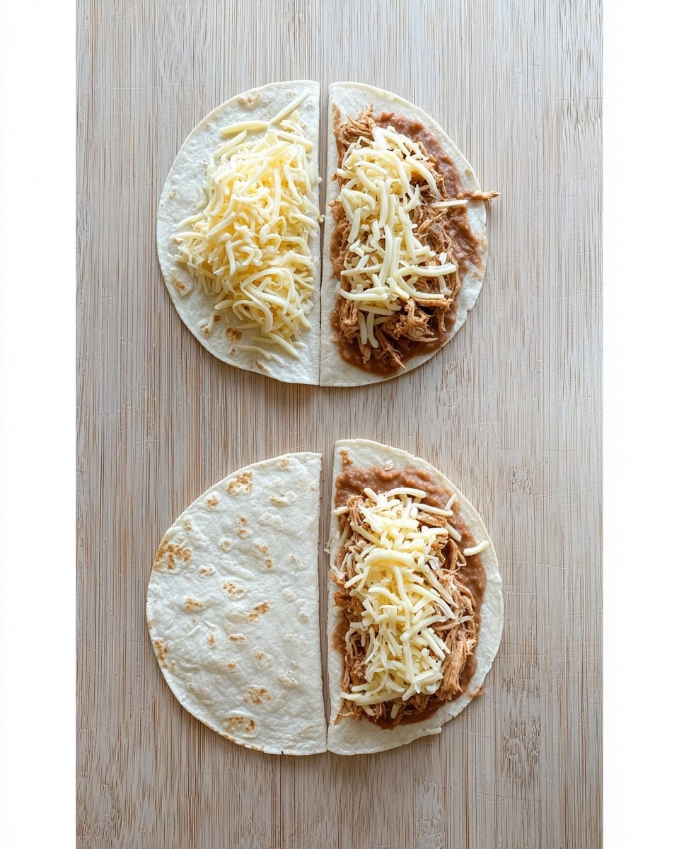 The image shows several folded tortillas placed on a metal baking tray with ridges. Each tortilla is folded in half to hold two visible layers inside: a first layer of shredded pale yellow cheese with a slightly stringy texture and a second layer of shredded cooked meat with a reddish-brown color mixed with some sauce. The tortillas have a soft, pale off-white color with small brown spots. The baking tray sits on a surface with a white marbled texture. photo taken with an iphone --ar 4:5 --v 7