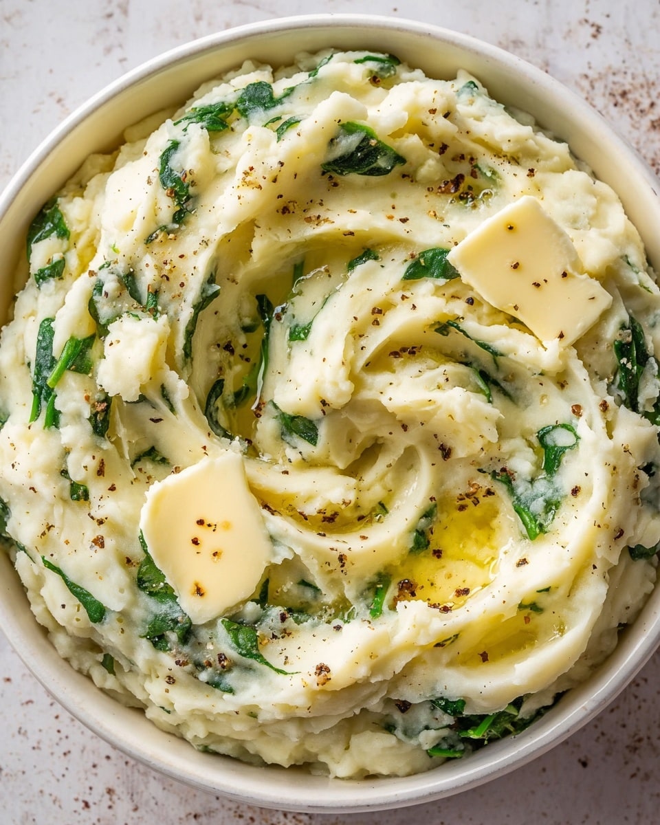 A close-up view of creamy mashed potatoes served in a white bowl. The mashed potatoes have a soft, smooth texture with small chunks and flecks of green spinach mixed throughout. Several pats of melting butter with a pale yellow color sit on top and within the mashed potatoes, with a few black pepper flakes sprinkled over everything. The mashed potatoes are shaped in gentle swirls, adding depth and volume to the dish. The bowl is set on a white marbled surface. photo taken with an iphone --ar 4:5 --v 7