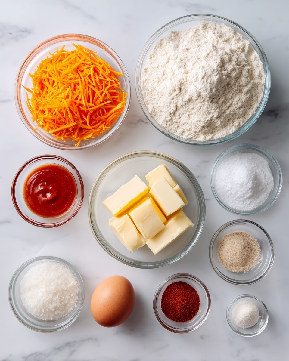 The image shows nine clear glass bowls arranged on a white marbled surface. The largest bowl on the top right is full of white flour with a soft, powdery texture. Next to it on the left is a slightly smaller bowl filled with a heap of bright orange shredded cheese. To the left of that is a bowl containing a shiny, red-orange sauce with a smooth texture. Below the cheese bowl is a smaller bowl filled with several light yellow, soft blocks of butter stacked together. To the right of the butter is a tiny bowl holding a single brown egg. At the bottom right, two tiny bowls hold small piles of white powder, one smooth and one slightly grainy. On the bottom left, three tiny bowls contain white salt, ground light brown spice, and red paprika powder, each with fine texture. The bowls create a neat, organized layout. Photo taken with an iphone --ar 4:5 --v 7