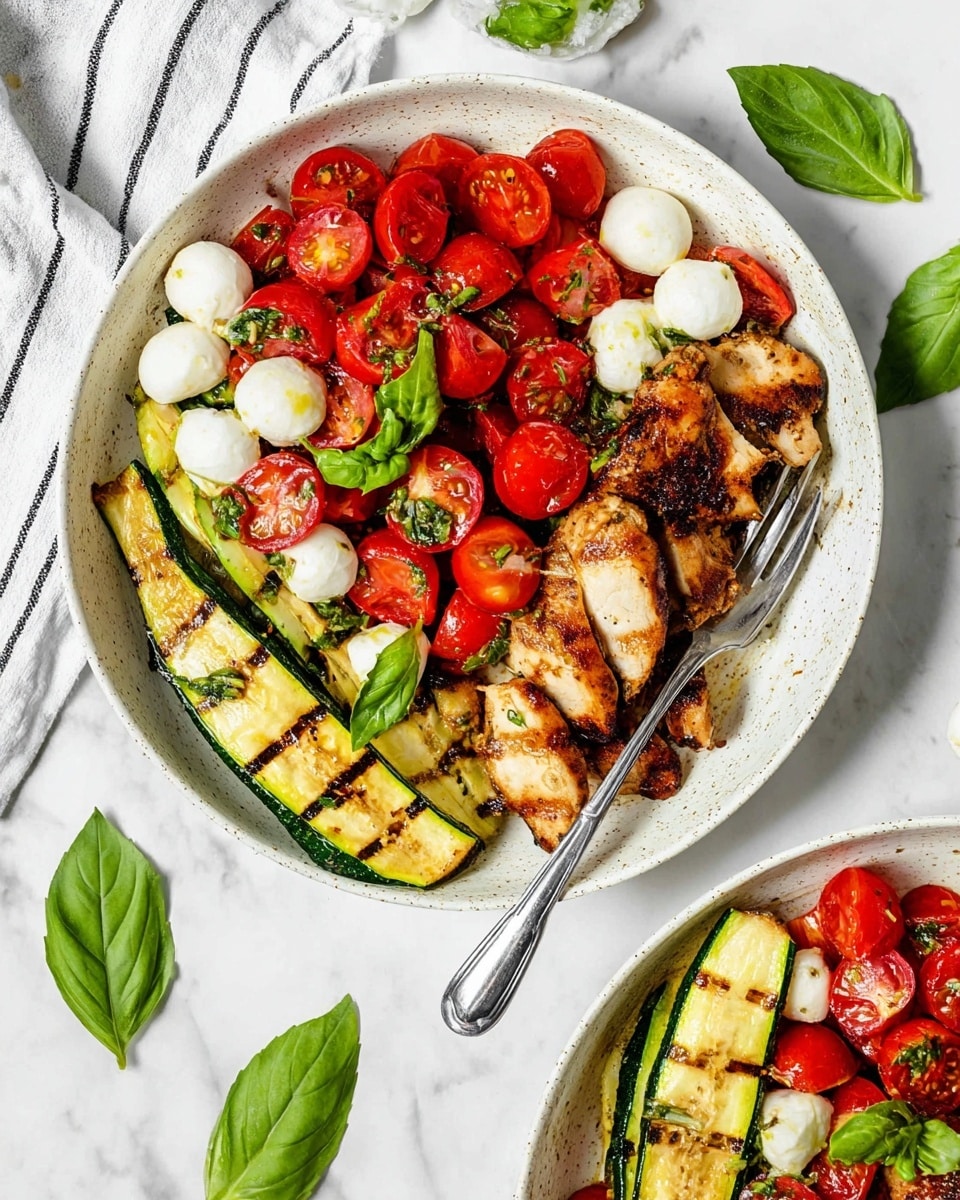 The image shows two white speckled plates on a white marbled surface, each filled with a colorful meal. Each plate has three main layers: at the bottom, there are long grilled zucchini slices with light grill marks, their green and yellow skin visible. On top of the zucchini, there are slices of grilled chicken with a golden brown and slightly charred crust. Covering some parts of the chicken and zucchini is a fresh salad of halved bright red cherry tomatoes and small white mozzarella balls, mixed with thin strips of green basil leaves. A few whole basil leaves rest as garnish on top, adding a fresh green contrast. A silver fork is placed on the bottom right plate, partially resting in the food, and there are extra basil leaves scattered on the white marbled surface around the plates. A white and black striped cloth is partially visible in the upper left corner of the image. The photo was taken with an iphone --ar 4:5 --v 7