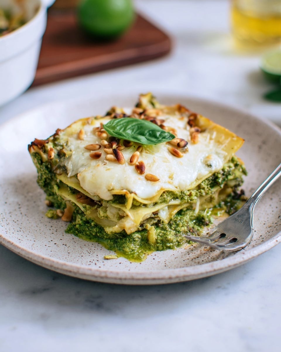 A piece of lasagna with four visible layers sits centered on a white speckled plate. The bottom layer is a green pesto mixture with bits of cooked vegetables, topped with a pale yellow pasta sheet. Above this is another thicker spread of green pesto and vegetables, followed by a second yellow pasta sheet. The top layer is melted white cheese, slightly browned on edges, sprinkled with toasted pine nuts and garnished with a small basil leaf. A silver fork is inserted into the lasagna from the right side. The background is a white marbled surface with some blurred items and green lime in the distance. Photo taken with an iphone --ar 4:5 --v 7