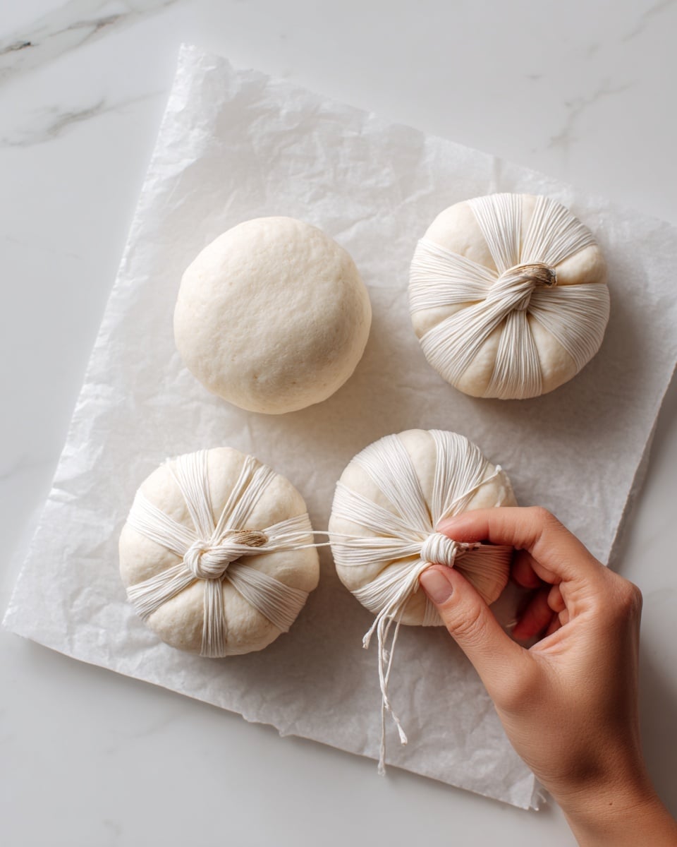 The image shows three round dough balls placed on white parchment paper over a white marbled surface. One dough ball is plain and smooth, the second is tied with white string wrapped around it several times to make sections like a pumpkin, and the third dough ball is being tied by a woman's hand using white string. The dough looks soft and pale, with a smooth texture. The setting is bright with soft natural light highlighting the shapes and details of the dough and string photo taken with an iphone --ar 4:5 --v 7