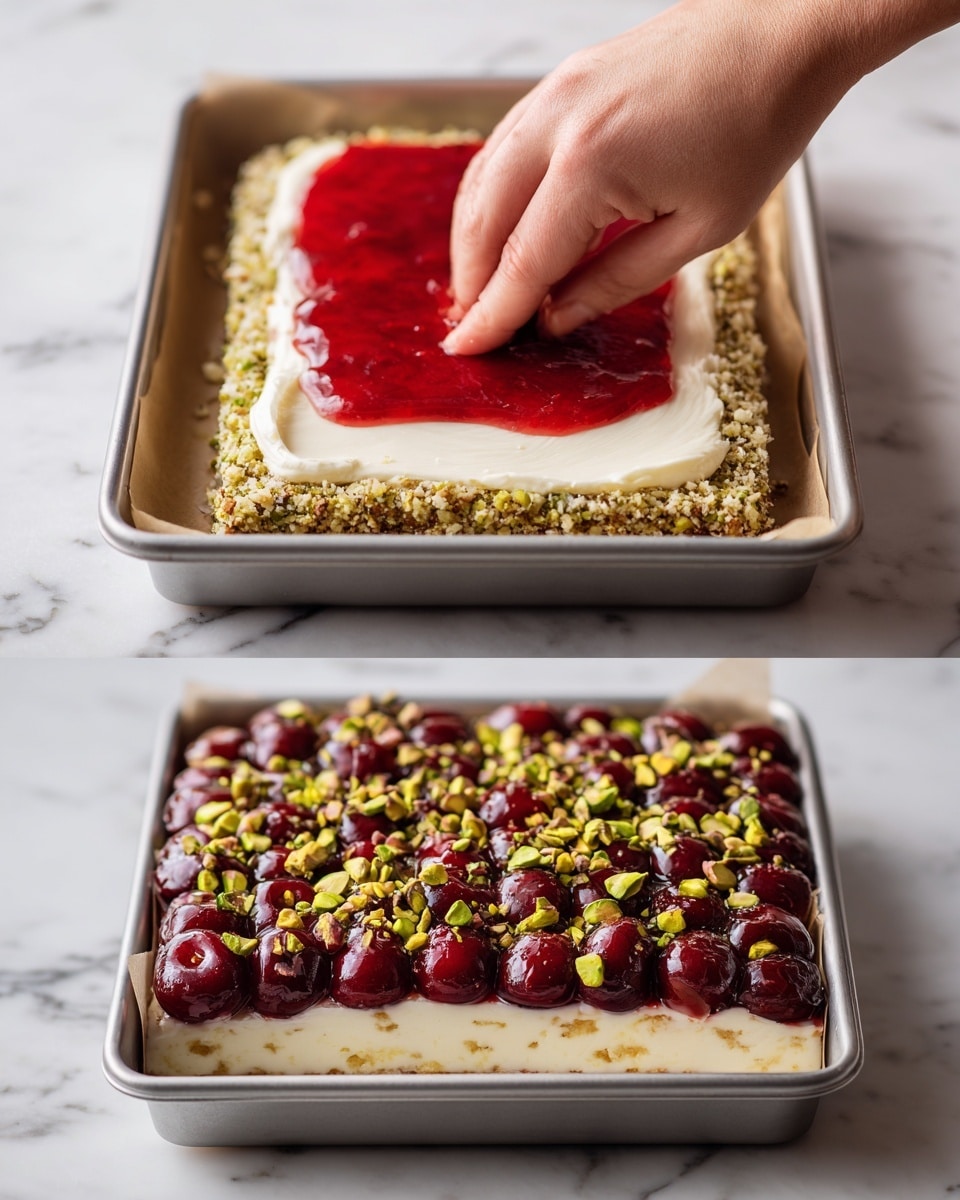 The image shows a two-layered dessert in a metal rectangular baking pan on a white marbled surface. In the top part of the image, a woman’s hand spreads a thick, creamy white layer over a crumbly, greenish-brown crust that looks like crushed nuts. On top of the white layer is a shiny, bright red layer of fruit jam or sauce. In the bottom part of the image, the finished dessert has a bottom crust, a thick white middle layer, and the top covered with whole glossy cherries and small pieces of chopped green nuts, arranged neatly and shining under the light. The pan is lined with parchment paper. Photo taken with an iphone --ar 4:5 --v 7