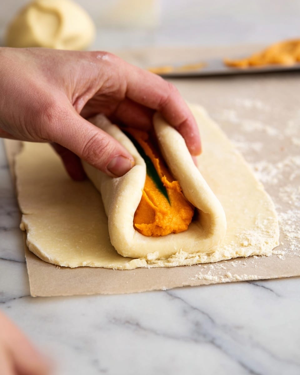 A close-up image shows a woman's hand folding a pale dough layer around a thick, bright orange filling with a smooth texture, topped by a thin, dark green strip placed lengthwise in the center. The dough layer is soft and slightly crumbly, wrapping the vibrant orange filling neatly. The scene is set on a white marbled surface with a slight shine, and a piece of dough and a knife are visible in the background. Photo taken with an iphone --ar 4:5 --v 7