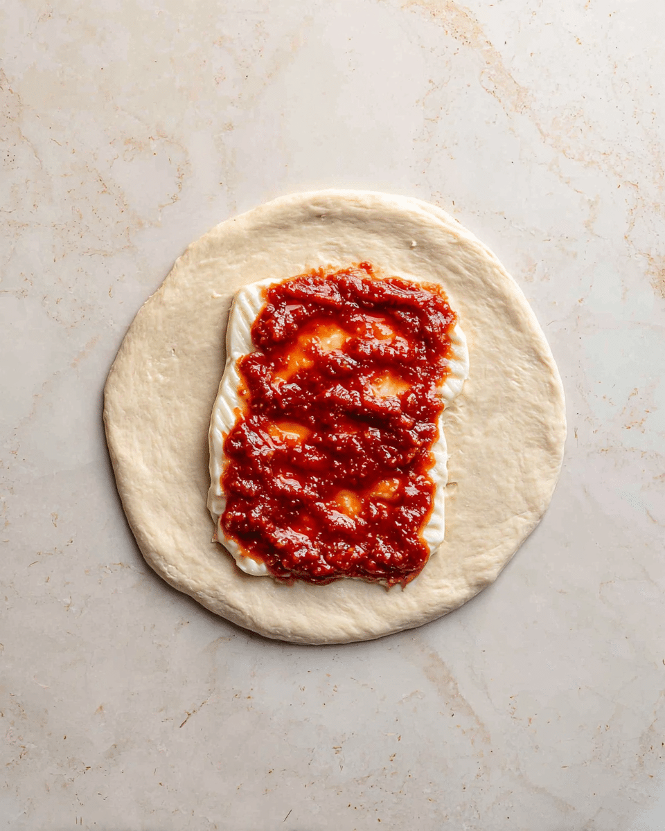 A single round dough layer lies flat on a white marbled surface. On top, near the center, is one strip of creamy white cheese, cut into sections and slightly textured. Over the cheese, there is a layer of bright red chunky sauce spread evenly, creating a shiny and somewhat thick appearance. The red sauce forms a rectangular shape that covers the cheese fully, contrasting with the smooth dough underneath. Photo taken with an iphone --ar 4:5 --v 7