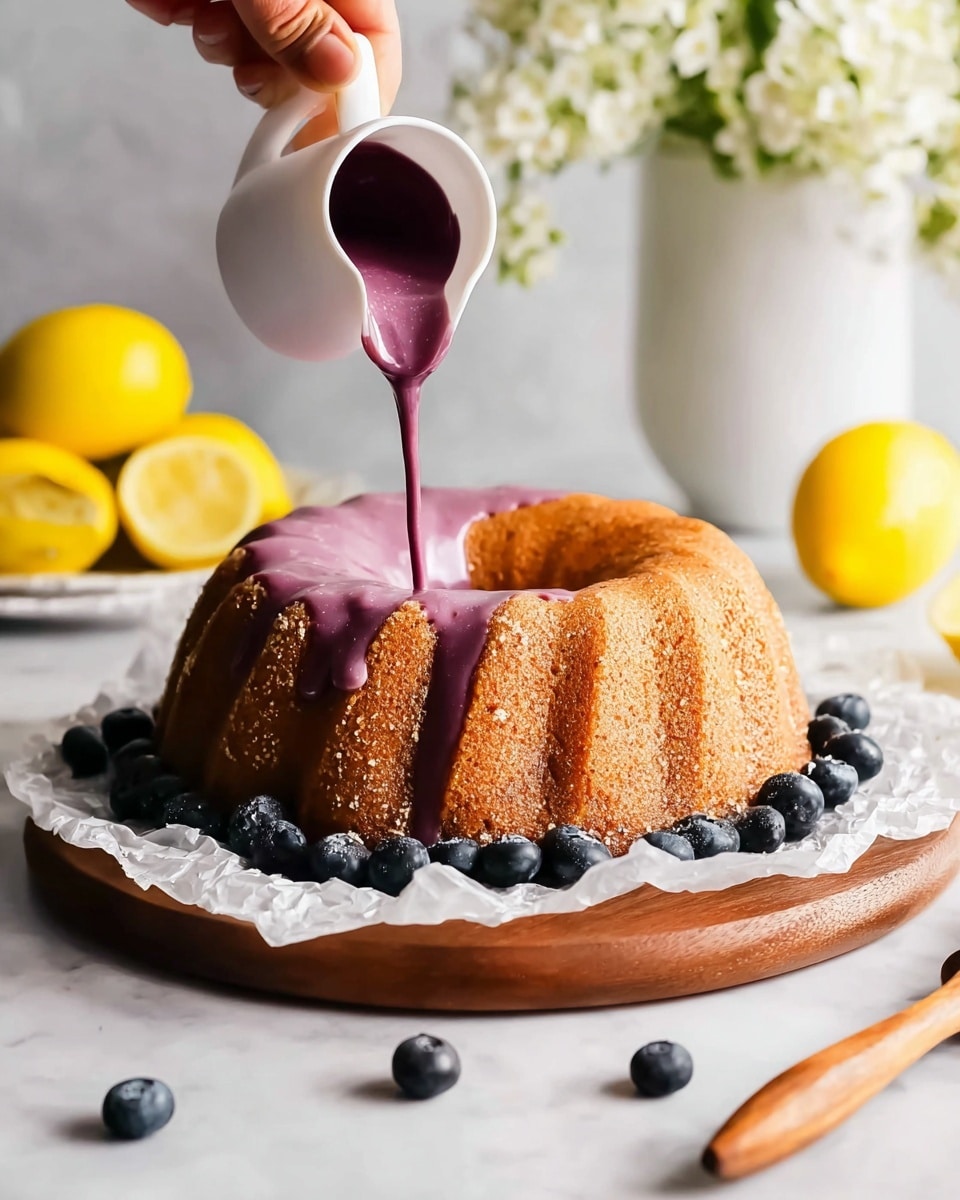 A round bundt cake with a light brown, textured surface sits on crumpled white parchment paper on a wooden board. A thick, purple glaze is being poured from a white small jug onto the top of the cake, flowing down its side and filling the hole in the middle. Fresh blueberries are scattered around the cake on the white marbled surface. In the background, there are two whole yellow lemons and a lemon half with a wooden citrus reamer, along with a bunch of white flowers in a white vase. A woman’s hand holds the jug pouring the glaze. photo taken with an iphone --ar 4:5 --v 7