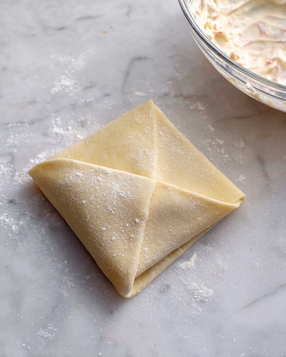 A single square piece of pale yellow dough is folded neatly with two corners overlapping on a white marbled surface. The dough has a smooth texture with light flour dusting visible on top and around the edges. In the upper right corner of the image, a clear glass bowl filled with a creamy white and pinkish mixture can be seen partially, with traces of the mixture clinging to the sides of the bowl. The photo taken with an iphone --ar 4:5 --v 7