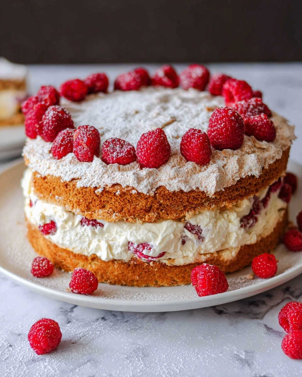 A two-layer cake is on a white plate with a white marbled surface under it. The bottom layer is a golden brown cake base. Above it is a thick white cream layer with bits of raspberries inside. The top layer is a light brown, slightly cracked cake crust dusted with powdered sugar. Bright red raspberries are scattered on top and around the plate, adding a pop of color. The cake looks soft with some texture from the crust and cream. photo taken with an iphone --ar 4:5 --v 7