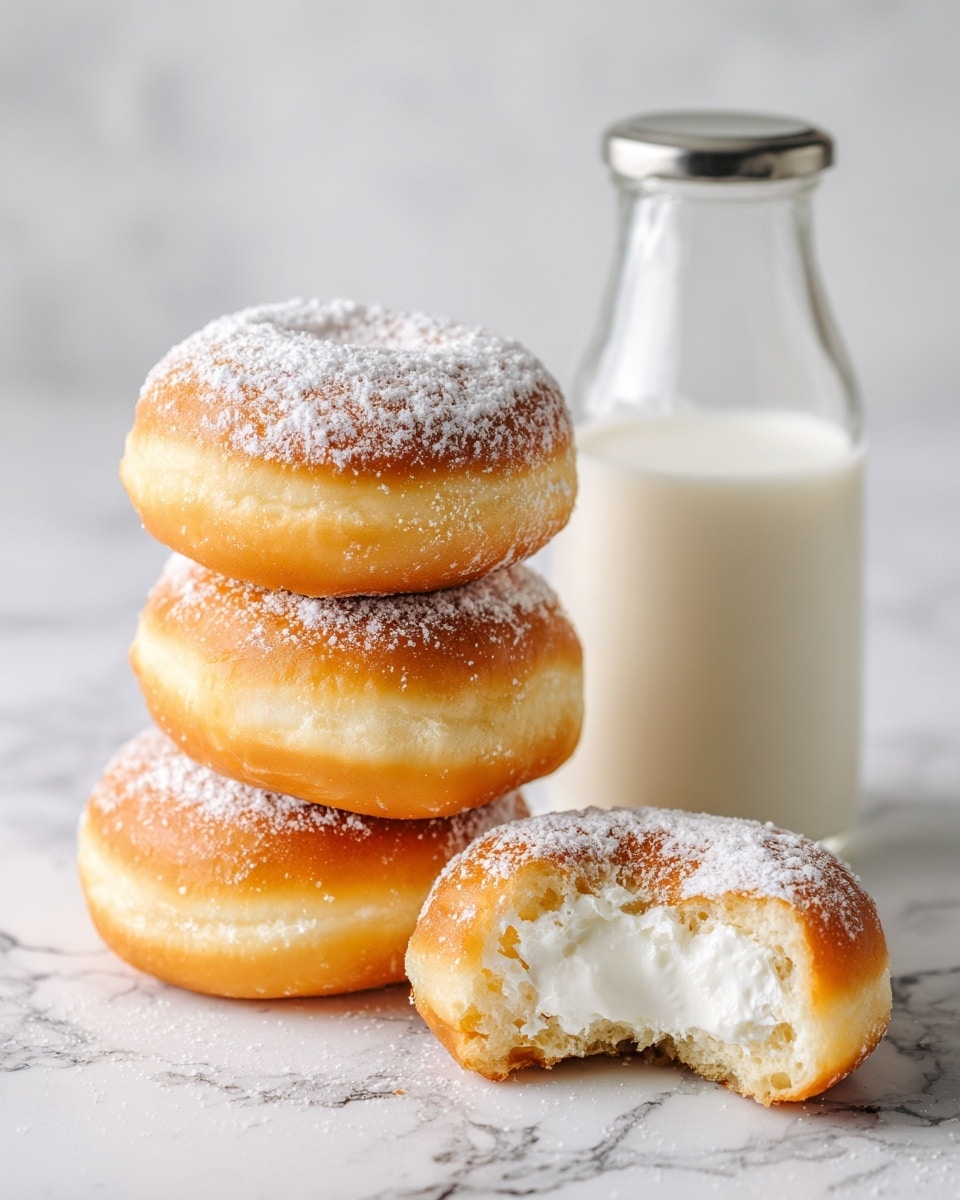 The image shows four soft, round doughnuts with light golden brown tops, sprinkled lightly with white powdered sugar. Three doughnuts are stacked on top of each other on a white marbled surface, while a fourth is placed beside them with a piece broken off, showing smooth white cream inside. Behind the doughnuts is a clear glass bottle of milk with a silver lid. The lighting is bright and soft, highlighting the fluffy texture of the doughnuts and the creamy filling. Photo taken with an iphone --ar 4:5 --v 7