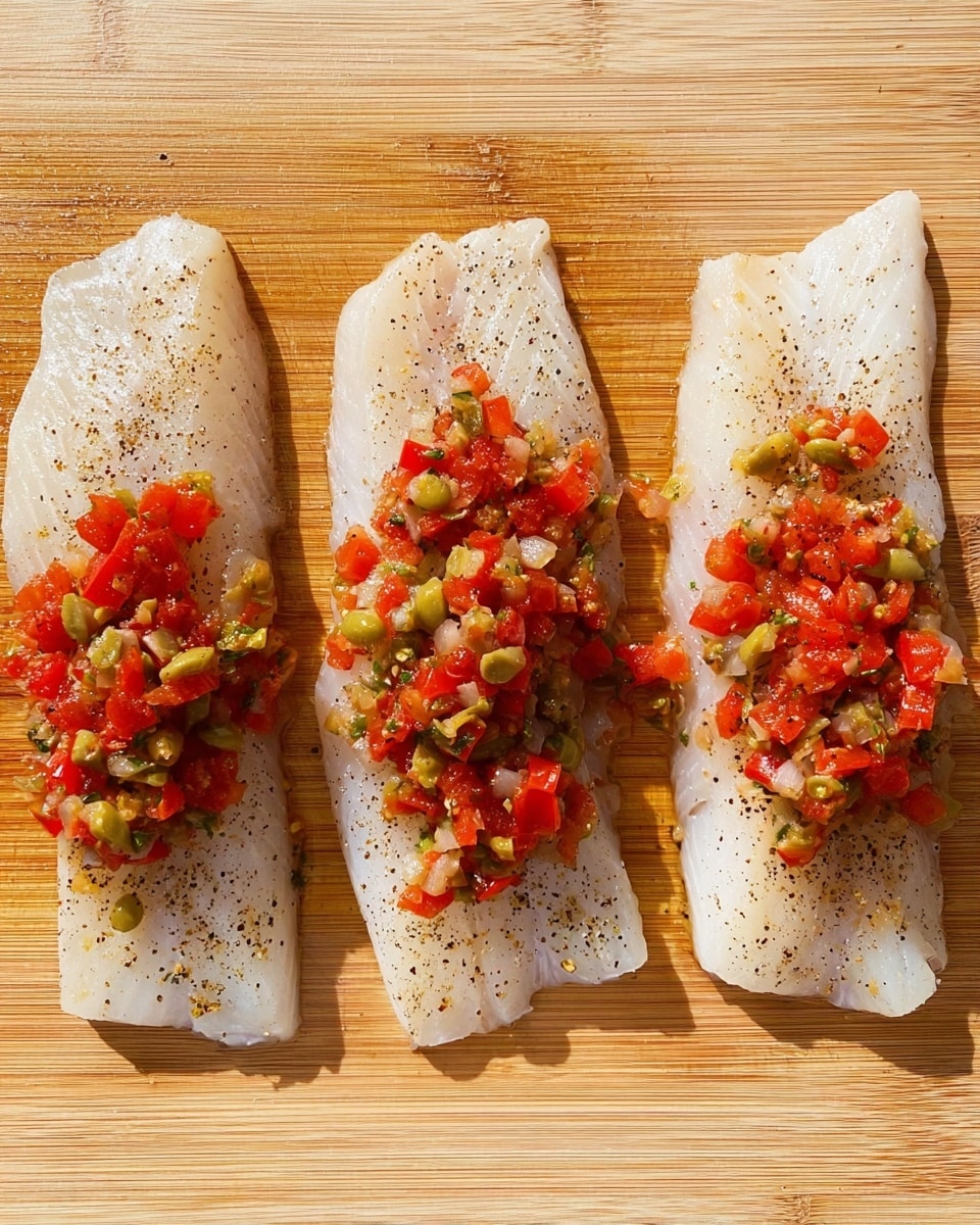 A white fish fillet sits in the center of a white plate on a white marbled surface, with a shiny yellow sauce spread underneath. The fish is seasoned with small green herb pieces and black pepper on top, with a soft, flaky texture. The fillet is opened slightly, showing a colorful filling of red tomato chunks and small green pieces, likely olives or peppers. Around the fish on the sauce are scattered more tomato pieces mixed with the same small green parts. A metallic fork is placed near the fish on the left side of the plate, touching the tomatoes. photo taken with an iphone --ar 4:5 --v 7
