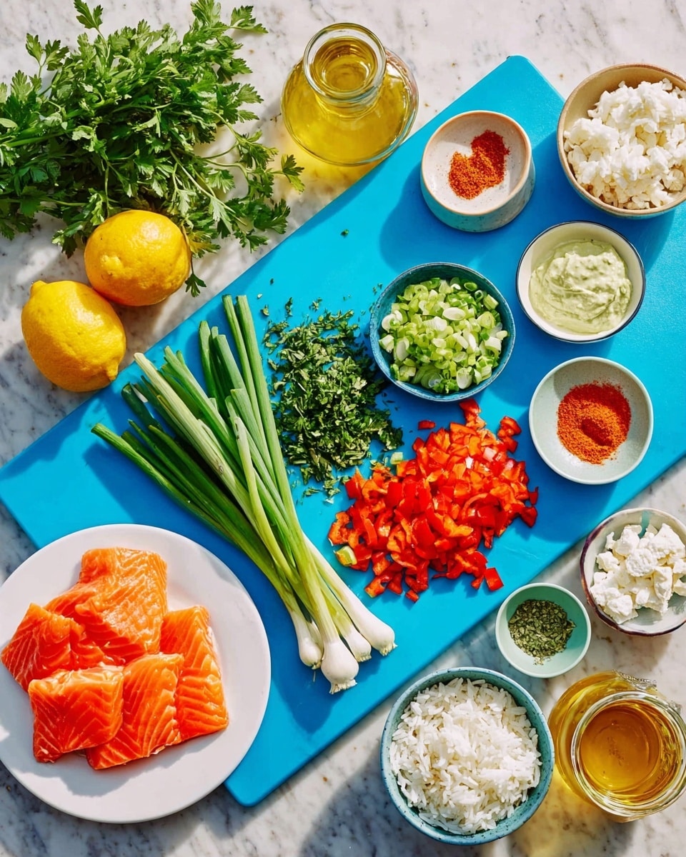 A bright blue cutting board sits in the middle of a white marbled surface, holding several colorful ingredients: a bunch of green onions with white roots at the bottom, vibrant red diced pieces, chopped green herbs, and a small pile of thin red and orange sliced peppers. Surrounding the board are several small white bowls filled with different items, including white rice, a creamy green sauce, red spices, a pale yellow liquid, and white crumbled cheese. On the left, a white plate holds thick pieces of bright orange fish, next to a whole yellow lemon and a glass jar of golden oil. Fresh green parsley is spread near the top of the cutting board, completing the vibrant, fresh look. photo taken with an iphone --ar 4:5 --v 7