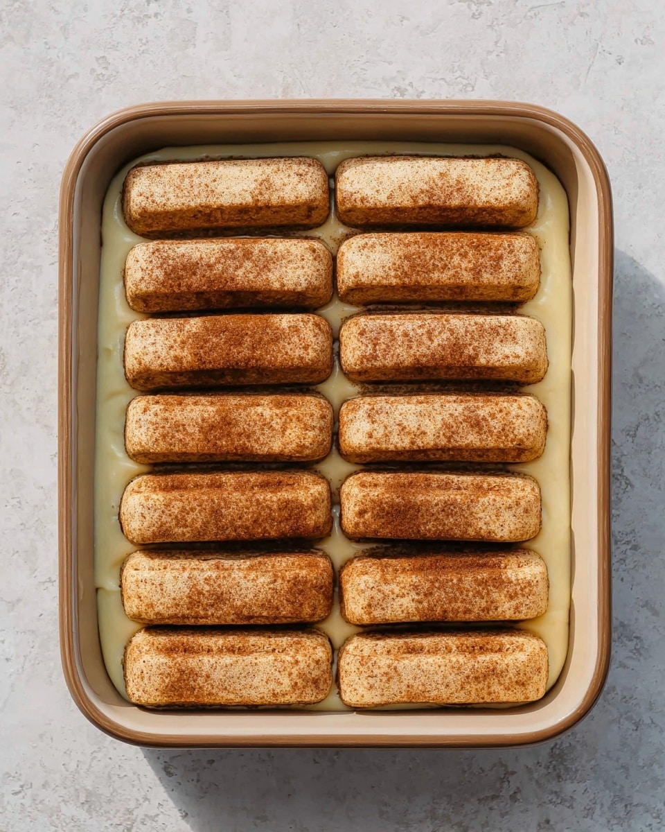 A square baking dish holds two rows of six light brown ladyfinger biscuits each, arranged neatly side by side. The biscuits have a slightly rough texture with a dusting of cinnamon or cocoa powder on top, showing some darker and lighter spots. Below them, a smooth and creamy pale yellow layer fills the base of the dish, visible between and around the biscuits. The dish sits on a white marbled surface. photo taken with an iphone --ar 4:5 --v 7