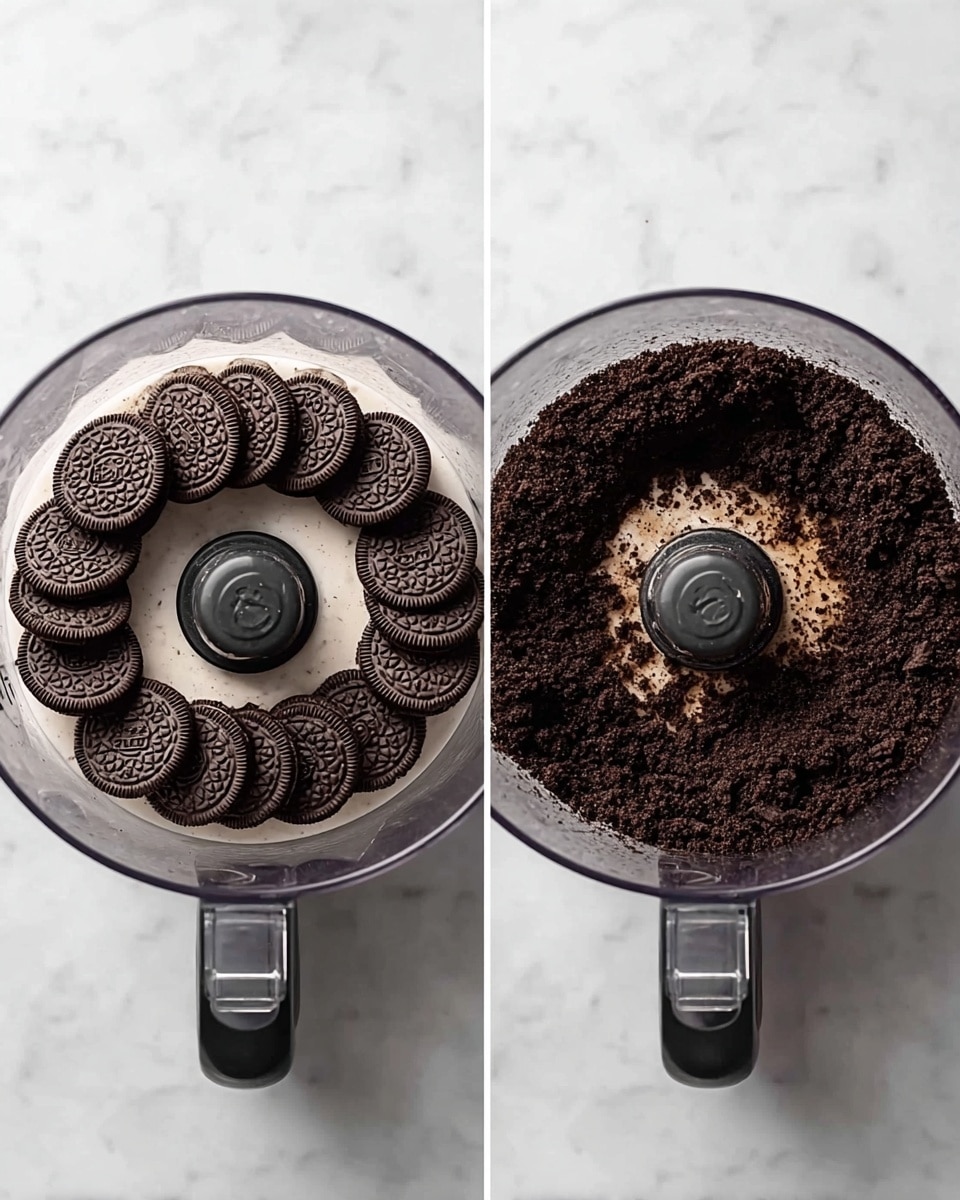 Two side-by-side images show a clear round food processor bowl on a white marbled surface. The left image shows a single layer of whole chocolate sandwich cookies with a cream center arranged in a circle inside the bowl. The right image shows the same bowl with the cookies crushed into dark brown, fine crumbs, mixed with a small amount of melted butter adding a slightly shiny texture. The black center blade of the food processor is visible in both images. Photo taken with an iphone --ar 4:5 --v 7