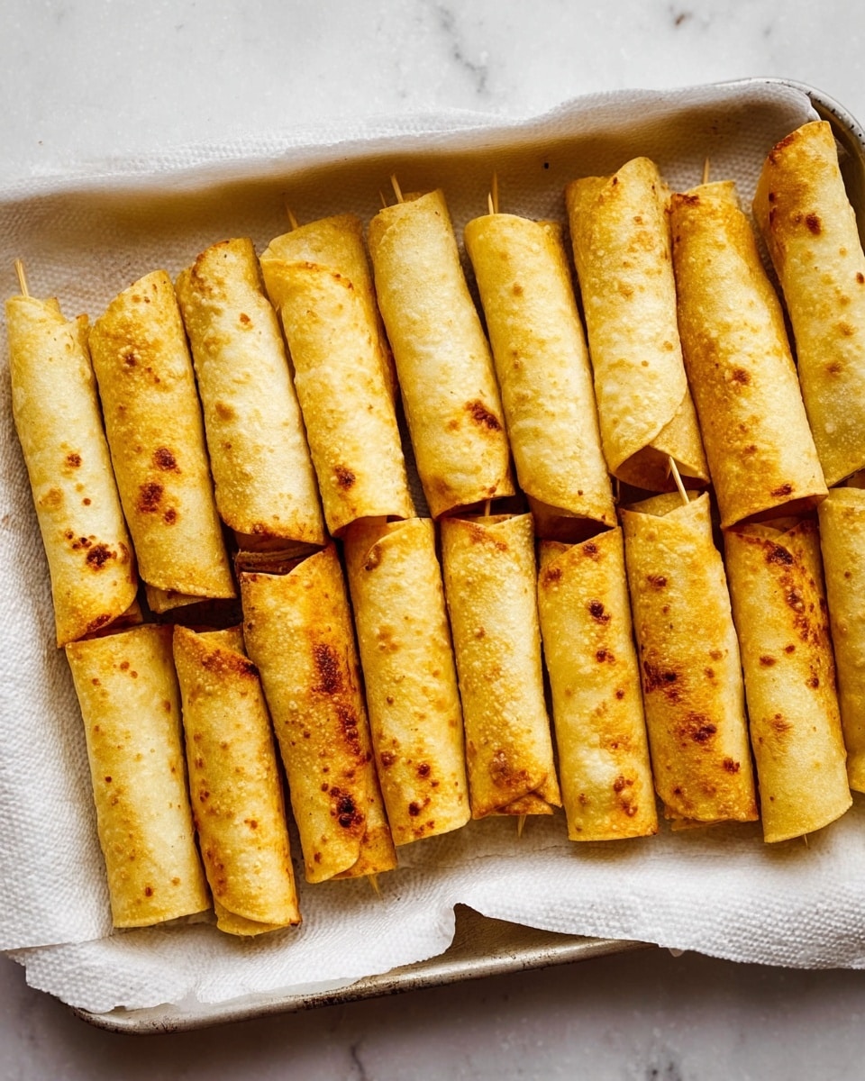The image shows a baking tray lined with white paper towels placed on a white marbled surface, filled with a single layer of golden brown crispy rolled tacos, arranged close to each other in two rows. Each taco has a slightly shiny, textured surface and some have small browned spots. A few tortillas are secured with small toothpicks. The background is simple and light, keeping the focus on the tacos. photo taken with an iphone --ar 4:5 --v 7