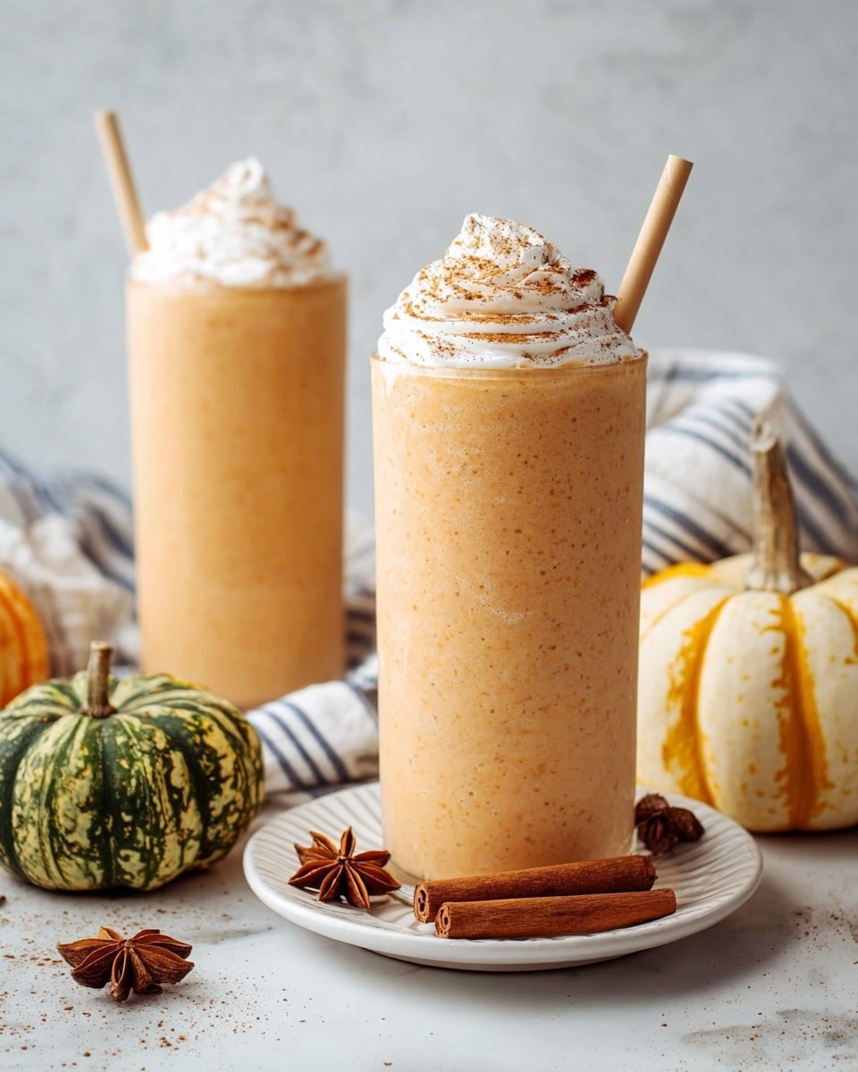 Two tall clear glasses filled with a creamy light orange smoothie stand on a white marbled surface. Each glass has a swirl of white whipped cream dusted with cinnamon on top and a light brown straw. The glass closer to the front is placed on a white plate with ridged edges, decorated with three cinnamon sticks and a star anise. Surrounding the glasses are three small pumpkins in green, striped yellow, and white colors, along with a white kitchen towel with blue stripes. The background is softly blurred and light grey. Photo taken with an iphone --ar 4:5 --v 7
