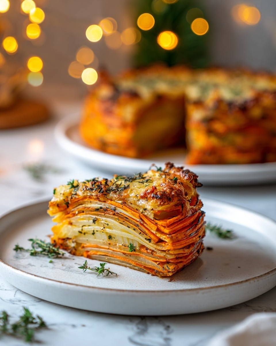 The image shows a close-up of a slice of baked vegetable stack on a white plate. The slice has many thin layers arranged vertically featuring alternating soft yellow and bright orange colors, with a golden browned crust on top and edges. Small green herb leaves are scattered across the surface and plate, adding a fresh touch. In the blurred background, the rest of the round vegetable stack with the same layered texture sits on a white plate on a white marbled surface. Warm glowing lights add a cozy atmosphere. Photo taken with an iphone --ar 4:5 --v 7