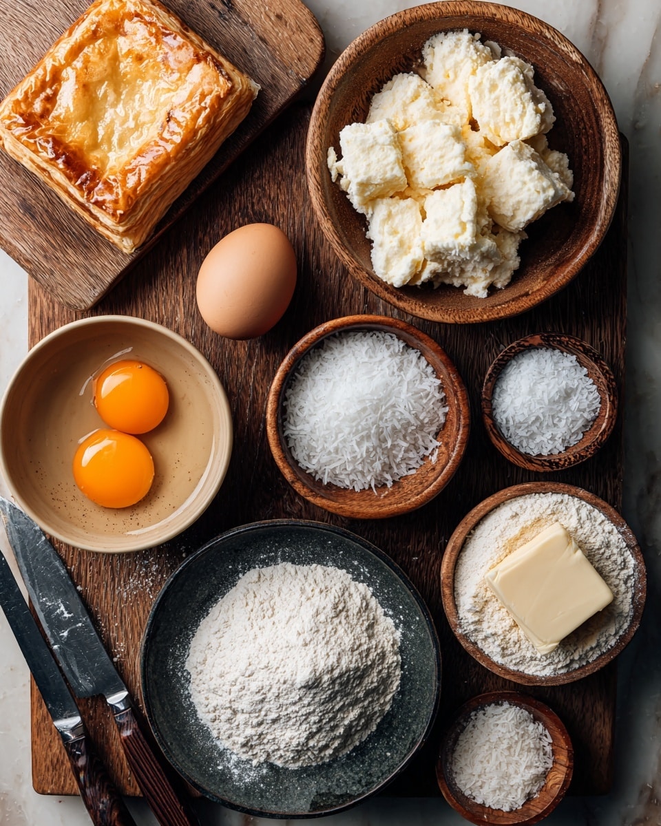 The image shows a variety of baking ingredients arranged on a wooden surface. There is a flaky, golden puff pastry square on the top left, next to a single brown egg. Below, a small beige bowl holds two bright orange egg yolks with clear whites. A round wooden bowl filled with coarse salt sits nearby, along with two small wooden bowls filled with white coconut flakes. A dark ceramic plate holds large chunks of pale butter, positioned above a matching dark bowl full of white powdered sugar. Another dark ceramic bowl contains a mound of fine white flour at the bottom right. A small wooden bowl with a square piece of pale butter is placed in the center. Two knives with dark handles lie on the lower left side. The overall background is a white marbled texture photo taken with an iphone --ar 4:5 --v 7