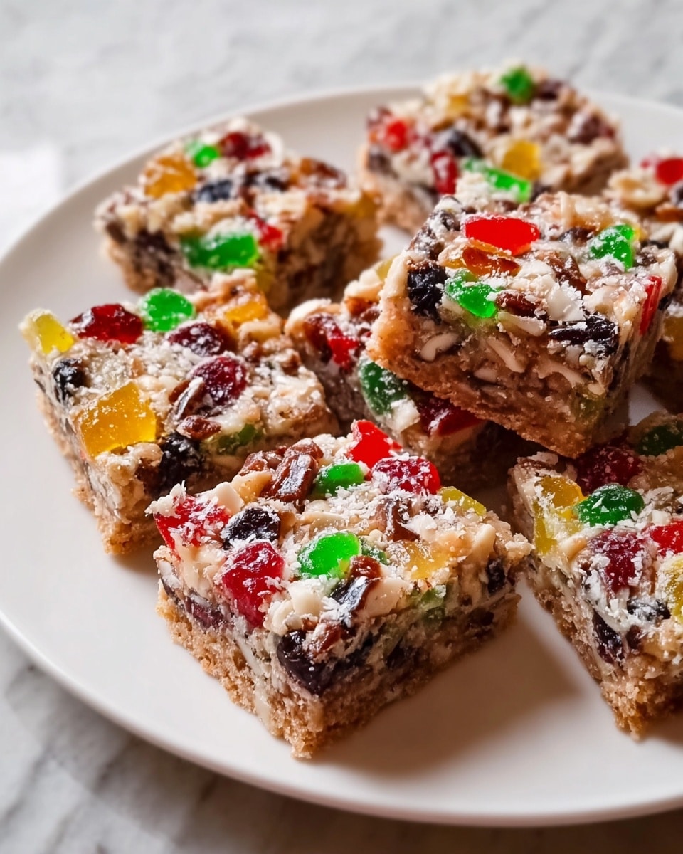 The image shows several square pieces of a colorful fruit and nut bar arranged on a white plate. Each bar has two visible layers: the bottom layer is a light brown, crumbly base, while the top layer is thicker and filled with a mix of chopped nuts, shredded coconut, and pieces of red, green, and yellow candied fruit. The texture on top looks rough and slightly sticky, with the candied fruits shining brightly and scattered evenly. The white plate contrasts with the vibrant colors of the toppings, and the background is a white marbled surface. Photo taken with an iphone --ar 4:5 --v 7