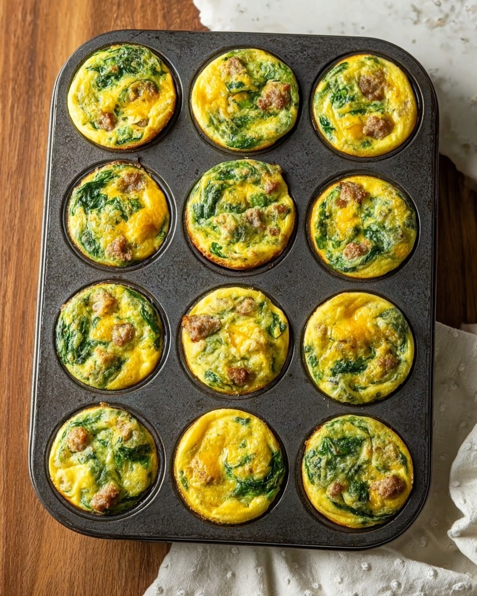 A dark metal muffin tray holds twelve egg muffins, each showing a mix of yellow eggs and green spinach throughout. Some muffins have small brown sausage pieces on top, adding a rough texture. The muffins are slightly puffed and have a smooth yet bubbly surface. The tray is placed on a warm light brown wooden table, with a white cloth partially visible in the top right corner, and the background has a white marbled texture. photo taken with an iphone --ar 4:5 --v 7