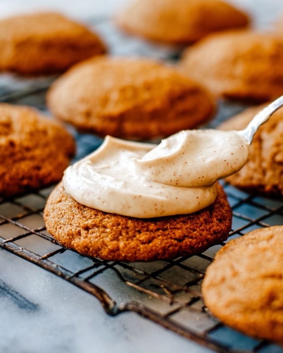 The image shows a close-up of several round, brown cookies with a rough texture on a cooling rack. One cookie is in focus in the center, with a white spoon spreading smooth, light creamy frosting on top. The frosting has a soft texture with little brown specks visible inside it. The other cookies in the background are plain and unfrosted. The scene is set on a white marbled surface that can be seen through the gaps in the rack. The overall colors are warm with golden brown for the cookies and creamy off-white for the frosting. Photo taken with an iphone --ar 4:5 --v 7