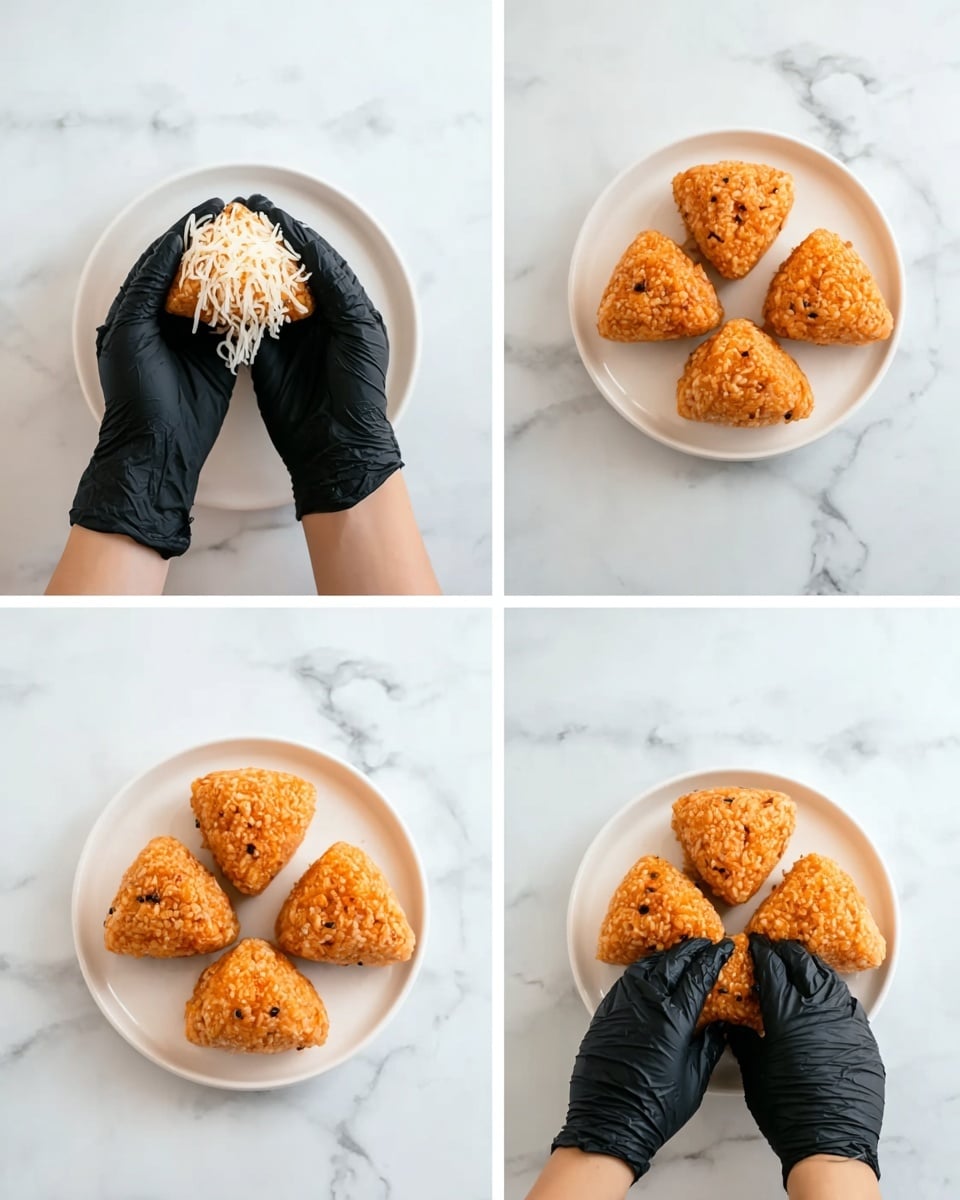 The images show a woman's hand wearing a black glove shaping and handling four triangular, orange-colored rice balls arranged on a white plate with a white marbled background. The rice balls have a textured surface with visible grains and small bits inside. In the first image, the woman's hand is holding one rice ball filled with shredded white cheese at its center, with three plain rice balls placed around it on the plate. The second image shows the woman holding one plain rice ball, with the other three on the plate. The third image captures the woman using two gloved hands to shape a rice ball, pressing it firmly, while the plate holds the other three rice balls. The fourth image displays all four rice balls evenly spaced in a circular pattern on the white plate. photo taken with an iphone --ar 4:5 --v 7