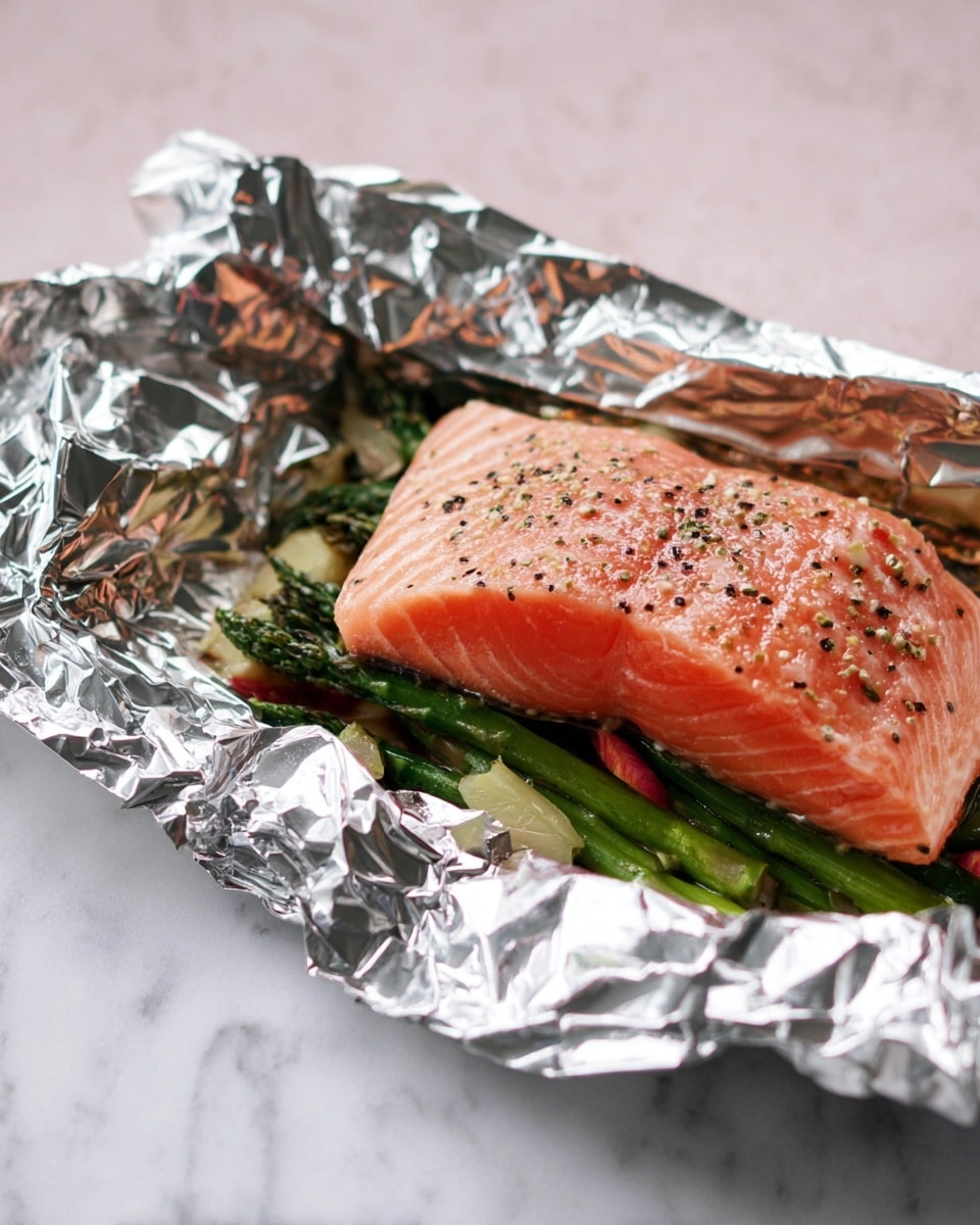 A single bright pink piece of salmon lies on top of a layer of green asparagus spears and some small red pieces, all wrapped in shiny crinkled aluminum foil. The salmon is sprinkled with small black and white pepper grains visible on its smooth, slightly oily surface. The foil creases around the food with light reflecting off it, contrasting with the soft colors of the fish and vegetables. This is all placed on a white marbled surface with a light, blurred pinkish background. Photo taken with an iphone --ar 4:5 --v 7