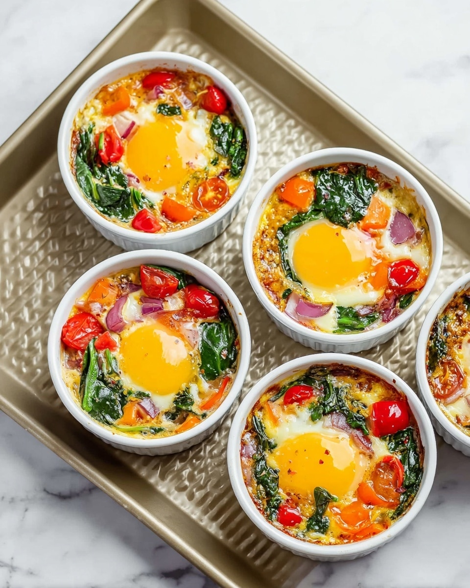 Four white round ramekins sit on a light gold baking tray with a textured surface, all filled with a baked egg dish. Each ramekin contains a bright yellow whole egg yolk in the center, surrounded by mixed layers of green spinach leaves, halved red cherry tomatoes, small pieces of orange bell pepper, and bits of red onion. The base appears to be a soft, slightly browned baked egg white mixture that holds all the vegetables and ingredients together. The tray rests on a white marbled surface, adding a clean and fresh look to the scene. photo taken with an iphone --ar 4:5 --v 7