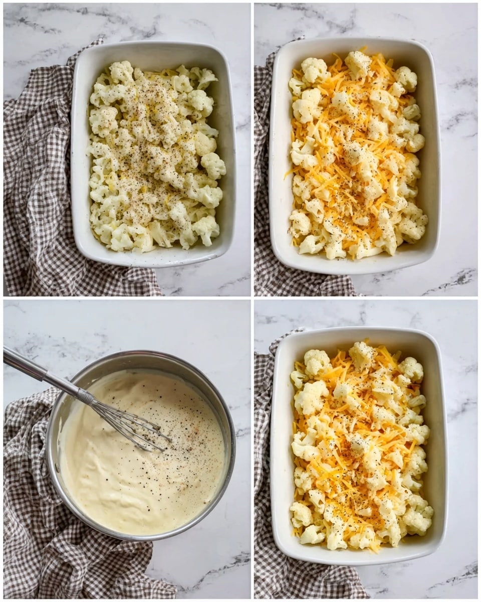 The image shows three steps of making a cauliflower cheese dish on a white marbled surface with a checkered cloth. The first part is a white rectangular baking dish filled with raw cauliflower florets sprinkled with black pepper. The middle image shows a metal pan with a white creamy sauce mixed with shredded yellow and white cheese and a silver whisk stirring the sauce. The last part is the white rectangular baking dish again, now filled with the cauliflower florets coated with the creamy cheese sauce and sprinkled with black pepper. Photo taken with an iphone --ar 4:5 --v 7