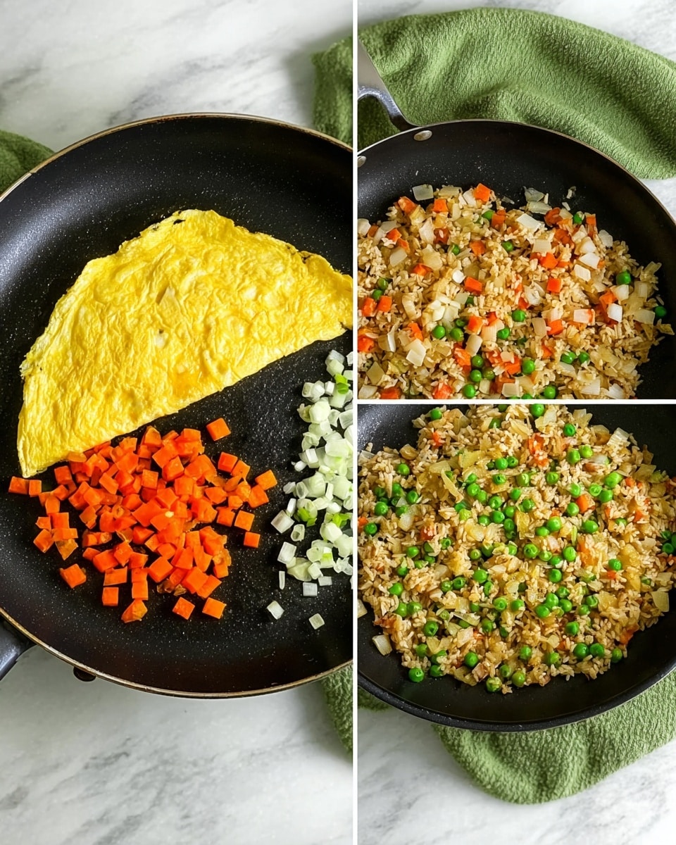 Three black pans are shown from above on a white marbled surface with a green cloth in the background. The first pan holds a thin yellow omelette with some missing parts. The second pan contains small diced orange carrots and white onions spread on one side. The third pan is filled with light brown fried rice mixed with small green peas evenly spread. Photo taken with an iphone --ar 4:5 --v 7