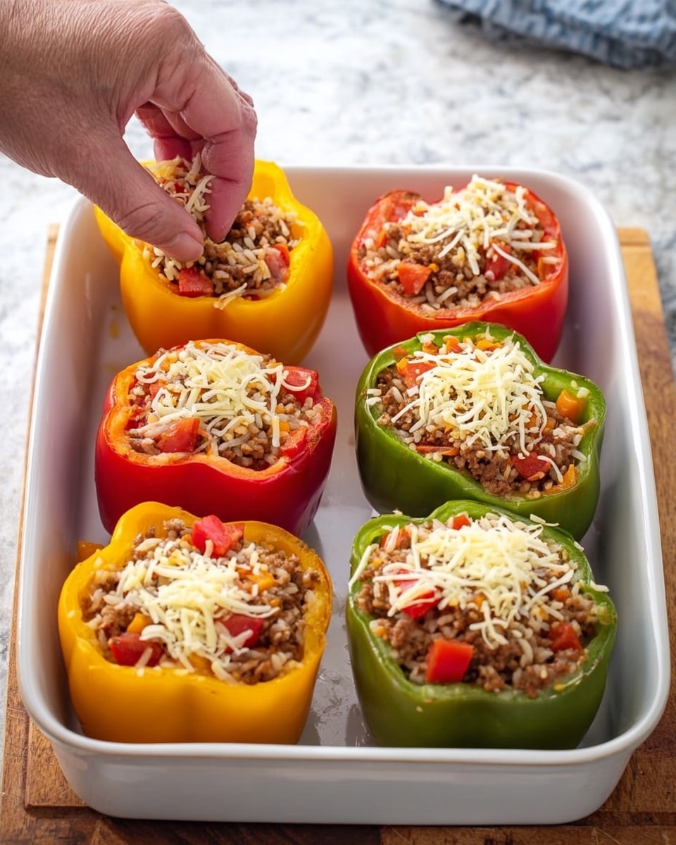 Four bell peppers hollowed and standing upright in a white baking dish, arranged in two rows with one yellow, two red, and one green pepper. Each pepper is filled with a mixture of cooked ground meat, rice, diced tomatoes, and small pieces of red and green bell peppers, creating a colorful and textured filling. A woman's hand is shown placing shredded cheese on top of one of the stuffed peppers. The baking dish sits on a white marbled surface, and a wooden board is partially visible beneath it. photo taken with an iphone --ar 4:5 --v 7