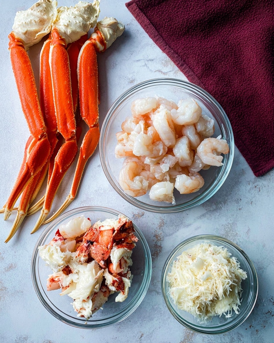 The image shows a white marbled surface with three clear glass bowls and three bright orange cooked crab legs with white sections at the top placed to the left side. The top right bowl is filled with peeled shrimp that are pale pink and light gray with a glossy texture. The bottom left bowl contains lobster meat chunks with a mix of white and dark orange colors. The bottom right bowl holds white crab meat shredded finely. A dark red cloth is partially visible at the top edge of the image. Photo taken with an iphone --ar 4:5 --v 7