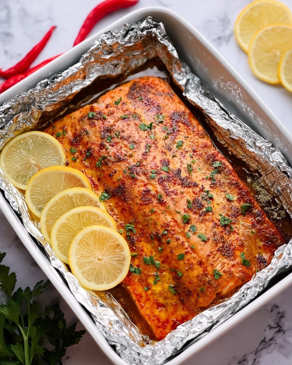 The image shows a close-up of a piece of cooked salmon with a crispy golden brown top layer that has a slightly caramelized texture. Below the top, three visible layers of soft, flaky salmon are a light pink color, showing moist and tender fish. The salmon piece rests on a white plate with a few tiny green herb bits scattered around, and the background is a white marbled texture. photo taken with an iphone --ar 4:5 --v 7