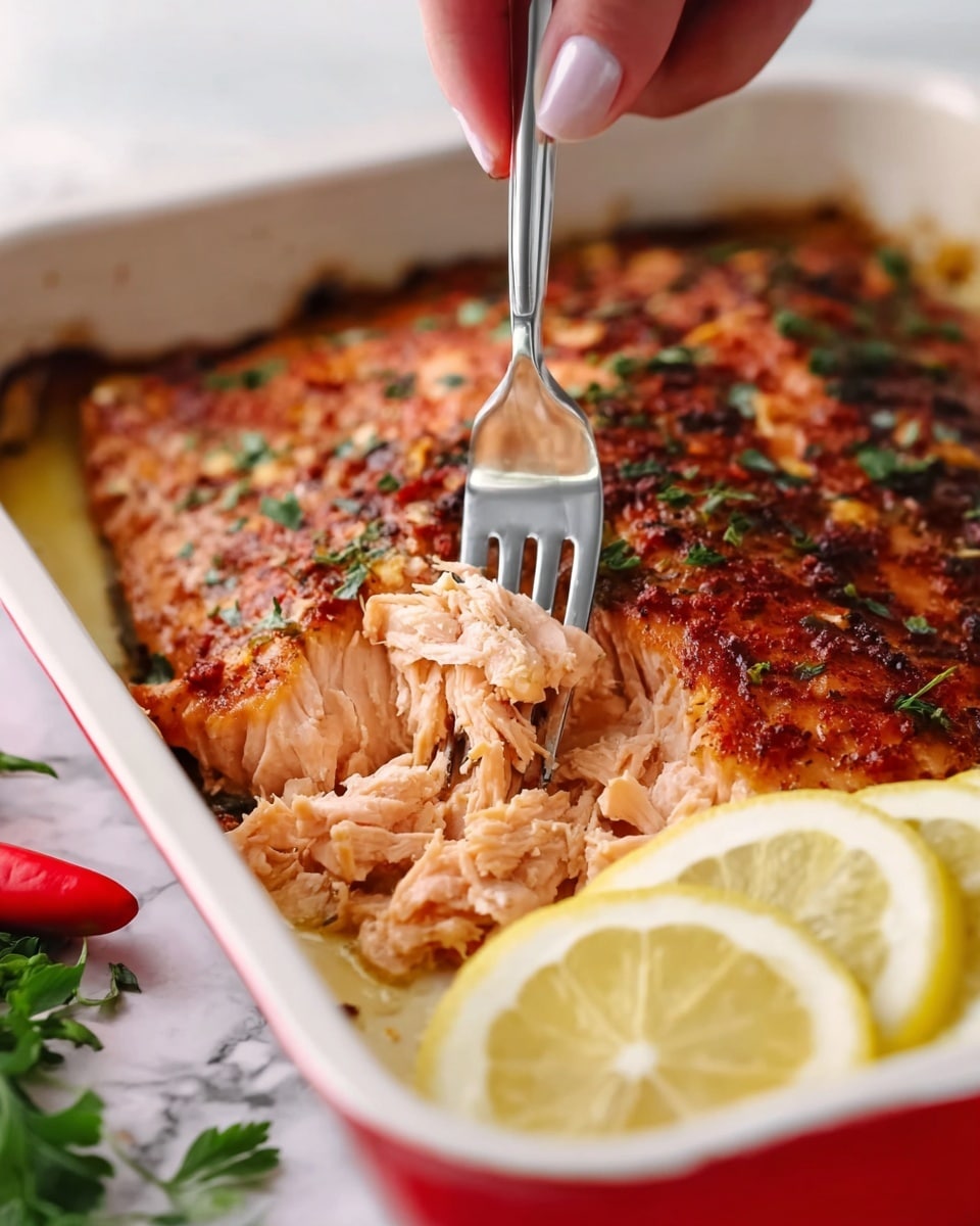 A large piece of cooked salmon with a golden-brown, slightly crispy top layer is placed inside a white baking dish lined with crinkled aluminum foil. Three thin lemon slices with a light yellow color sit on the bottom left corner of the salmon, slightly overlapping each other. Small green herb bits are sprinkled across the salmon surface, adding a touch of color contrast. The white baking dish rests on a white marbled surface, and nearby on the left side, two red chili peppers and a few green herb leaves can be seen faintly. On the top right corner of the image, part of two lemon slices are visible. The lighting highlights the shiny texture of the cooked fish and fresh lemon slices, photo taken with an iphone --ar 4:5 --v 7
