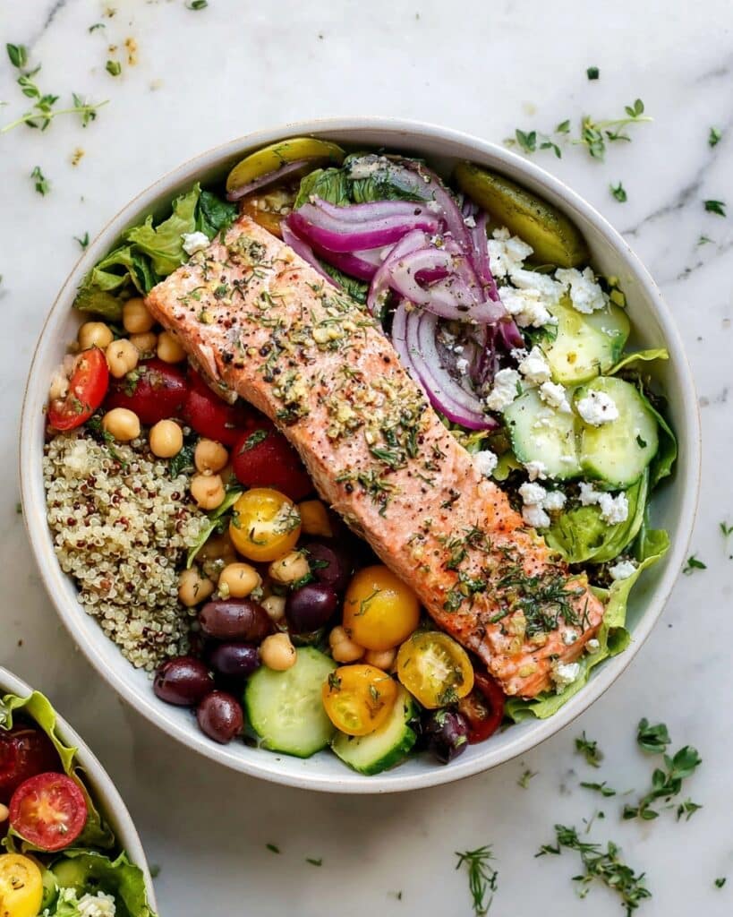 Mediterranean Salmon Bowl with Quinoa, Veggies, and Tzatziki Recipe