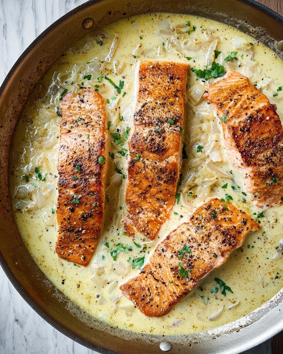 The image shows a white pan filled with creamy light yellow sauce mixed with small pasta and artichoke pieces. On top, there are four medium-sized salmon fillets cooked to a golden brown with slight charring and sprinkled with chopped green herbs and black pepper. A wooden spoon scoops some of the creamy pasta and sauce from the left side. The pan sits on a rustic white marbled wooden surface. The photo taken with an iphone --ar 4:5 --v 7