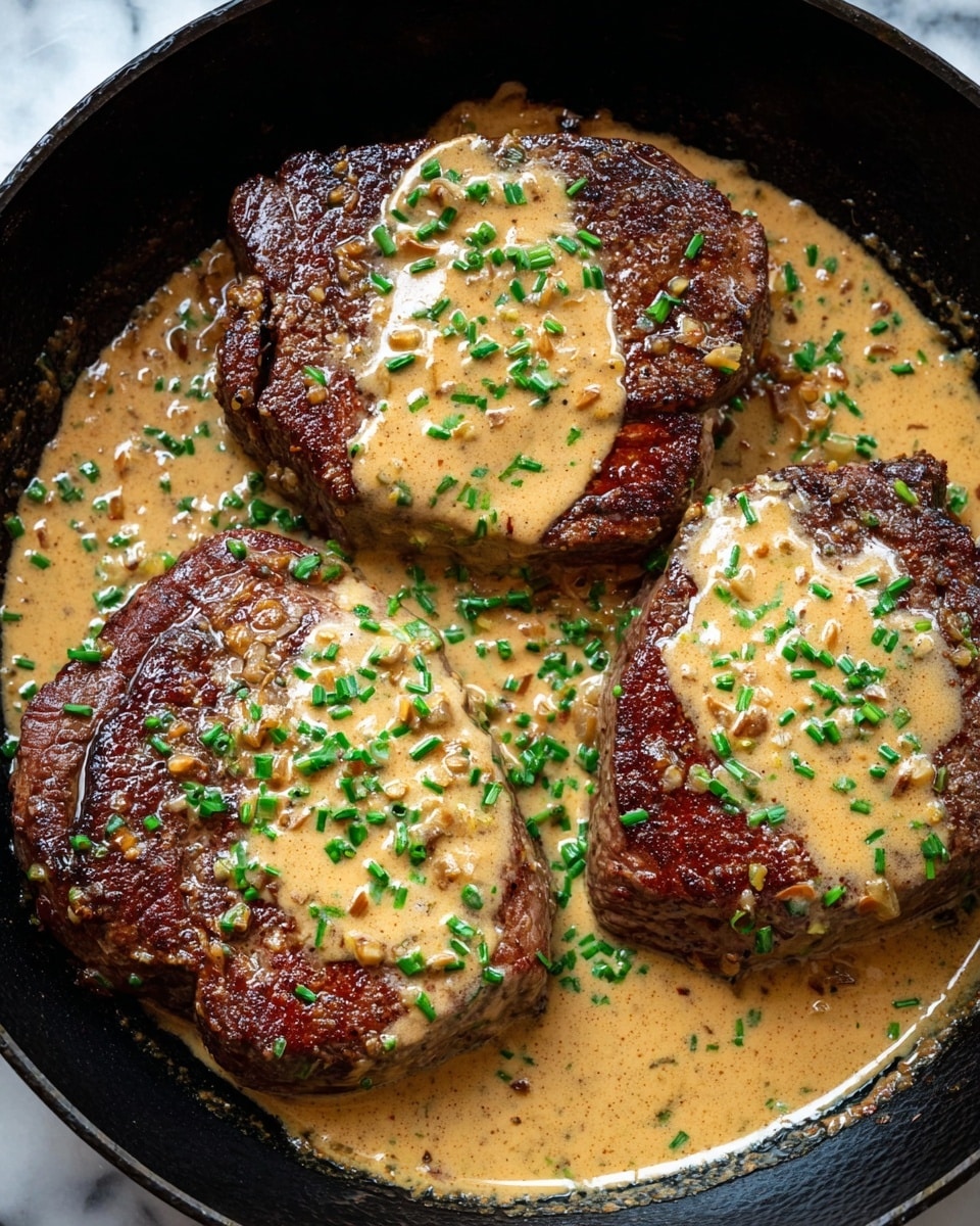 The image shows three thick, dark brown grilled steaks in a black pan, each topped with a creamy light tan sauce with visible small pieces of onions and spices. The sauce spreads around the edges of the pan and is sprinkled with small bright green chopped chives over the steaks and sauce. The surface under the pan is a white marbled texture. photo taken with an iphone --ar 4:5 --v 7