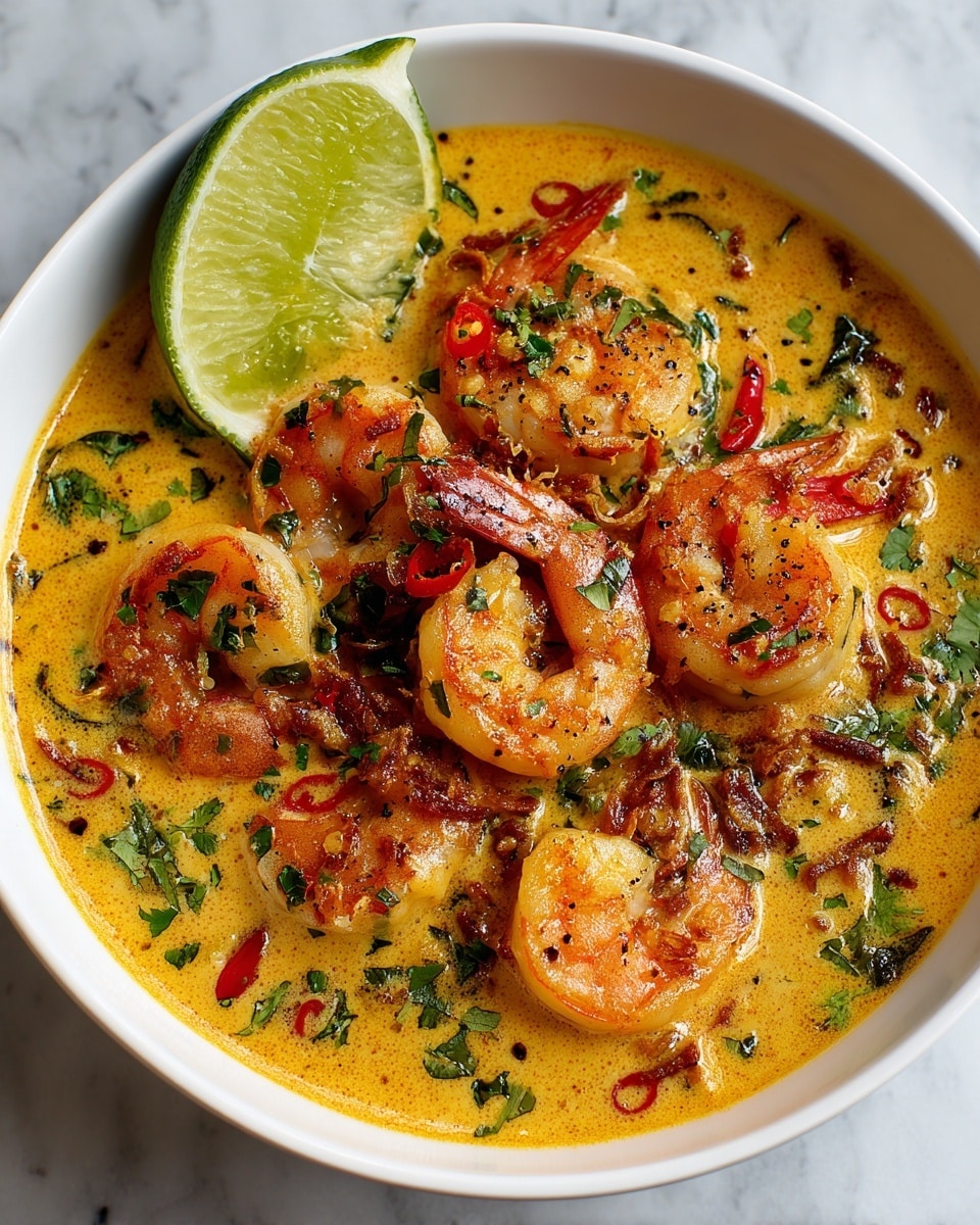A white round bowl holds two main layers: on the left, a fluffy white rice layer mixed with small green sliced scallions and light brown crispy bits sprinkled on top; on the right, a creamy yellow curry layer covering large shrimp and vegetables, garnished with small green cilantro leaves and thin red chili slices. The bowl sits on a rustic wooden surface. photo taken with an iphone --ar 4:5 --v 7