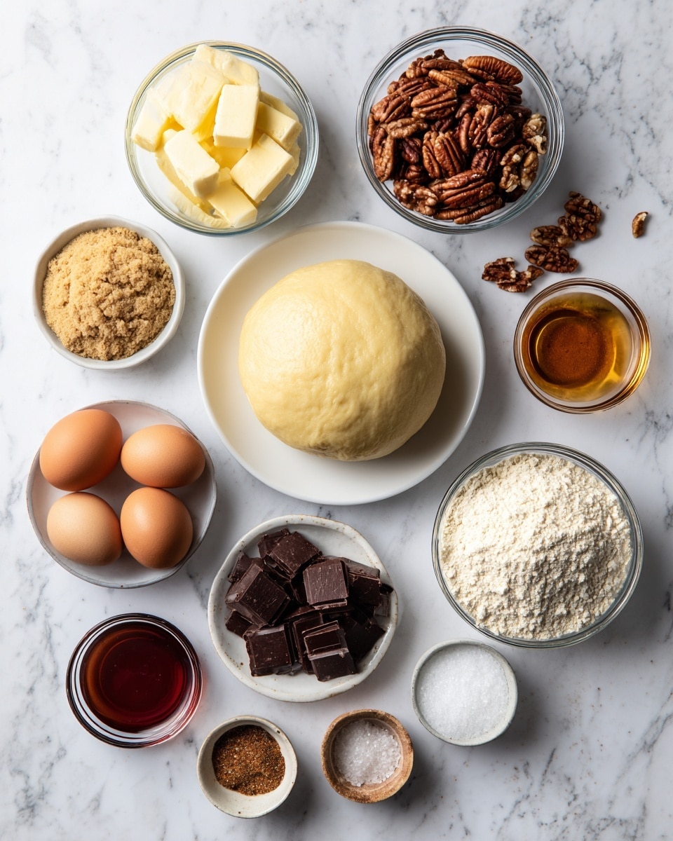 The image shows a white marbled surface with clear glass and white bowls arranged neatly holding various baking ingredients. At the center, there is a round, smooth dough ball with a pale yellow color. Surrounding it are bowls filled with golden brown sugar, light yellow cubed butter, and dark brown pecans. Also present are three brown eggs in a clear glass bowl, a small glass bowl with dark chocolate chunks, and another with a dark amber liquid. There is a bowl with a dark reddish-brown syrupy liquid and a tiny bowl with a light brown spice, alongside a small bowl containing white salt. photo taken with an iphone --ar 4:5 --v 7