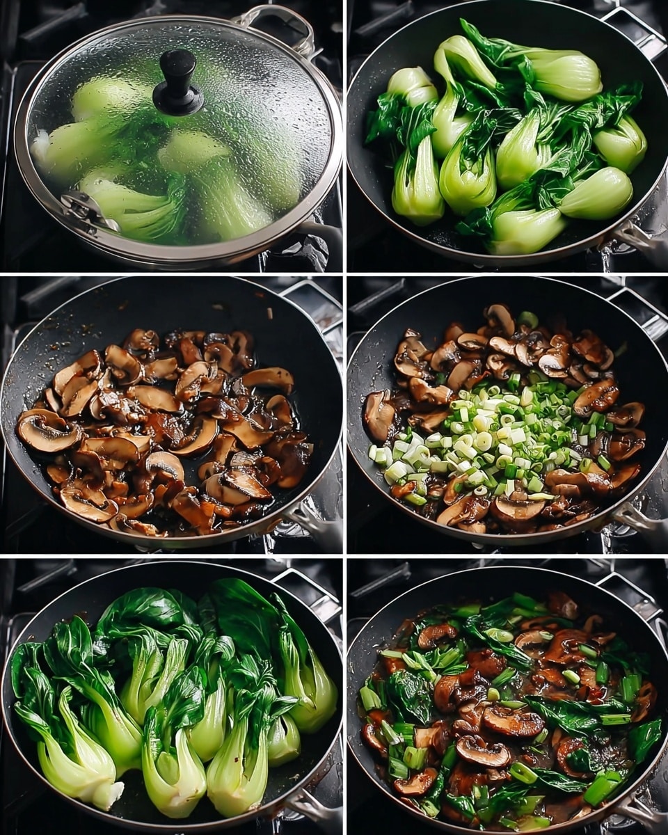 A series of six images show the cooking steps of a vegetable stir fry in a black pan on a stove. The first image features bright green bok choy leaves steamed under a glass lid, with condensation. The second image shows the bok choy without the lid, with vibrant green leaves and white stalks. The third image displays sliced brown mushrooms spread evenly in the pan, showing a mix of whole and sliced pieces with a soft texture. The fourth image adds chopped green onions and garlic on one side of the browned mushrooms, creating a fresh contrast. The fifth image shows the bok choy added back on top of mushrooms with sauce starting to coat the vegetables, adding a glossy texture and deep brown color. The last image captures the final stir fry mixed together, with shiny green bok choy and rich brown mushrooms appearing well cooked and saucy, all against a dark black pan backdrop. Photo taken with an iphone --ar 4:5 --v 7