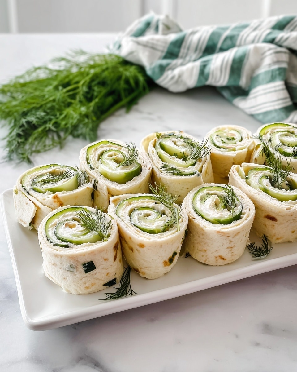 A white rectangular plate holds about fourteen rolled wraps, each slice showing two to three layers: a soft light beige tortilla on the outside, a creamy white spread in the middle, and thin green cucumber strips with small green herb leaves layered inside. The wraps are stacked casually on a white marbled surface, with a bunch of fresh green dill and a white cloth with green stripes in the blurred background. Photo taken with an iphone --ar 4:5 --v 7