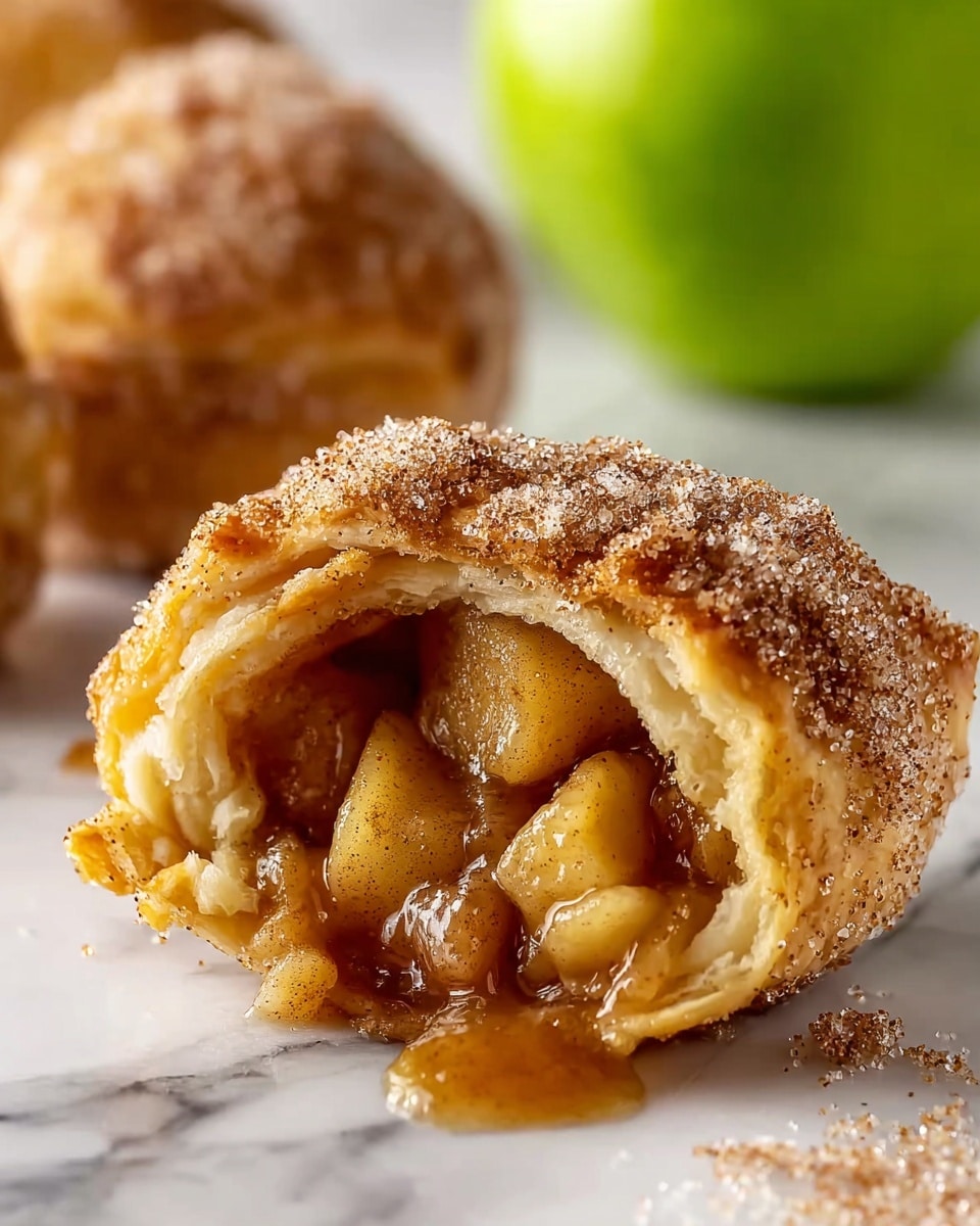 The image shows a close-up of a single apple pastry with a crispy golden brown crust coated thickly with sparkling sugar crystals and cinnamon, giving it a rough texture. The pastry is broken open to reveal warm apple filling inside, made of small soft apple pieces in glossy cinnamon syrup, slightly oozing out. The flaky layers of the pastry crust are visible around the filling, with a light golden inside. In the blurred background, there is a whole green apple and another pastry. The whole scene is set on a white marbled surface. photo taken with an iphone --ar 4:5 --v 7