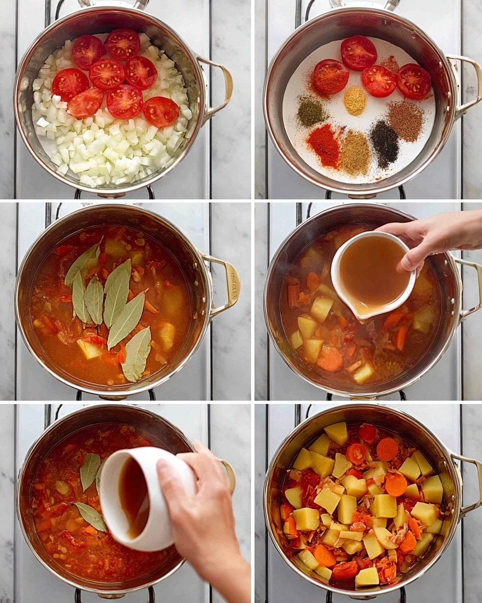 The image shows six steps of making a vegetable stew in a shiny metal pot on a stove with a white marbled surface. The first layer is white chopped onions and small white garlic pieces on the bottom of the pot. On top are several round red tomato halves with a soft texture. In the second step, a woman's hand holds a small white plate with six piles of spices: black, green, reddish-brown, brown, white, and dark red powder, adding them onto the tomato and onion layer. The third image shows the pot with added chunks of yellow potato and orange carrot pieces, all mixed and cooked together, with a wooden spatula stirring. The fourth step features a woman's hand pouring light brown liquid from a white bowl into the pot over the vegetables. The fifth photo shows a woman's hand placing two green bay leaves on top of the mixture, which has become more saucy and colorful with the spices and broth. The final image shows the stew filled with the cooked vegetables, bay leaves, and added beans, floating in a reddish broth, ready to simmer. Photo taken with an iphone --ar 4:5 --v 7