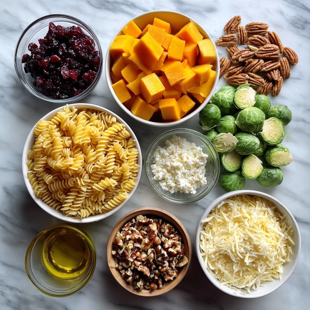 A bowl filled with three main layers, the bottom layer is light-colored spiral pasta that looks soft and slightly shiny. On top of the pasta, there are bright green halved Brussels sprouts with a slight golden brown roasted edge, orange cubed pieces that resemble cooked butternut squash, and scattered dark red dried cranberries. The top layer consists of several whole pecans, and small white crumbly bits of cheese are sprinkled all over the dish evenly. The bowl is white and sits on a white marbled surface. photo taken with an iphone --ar 4:5 --v 7