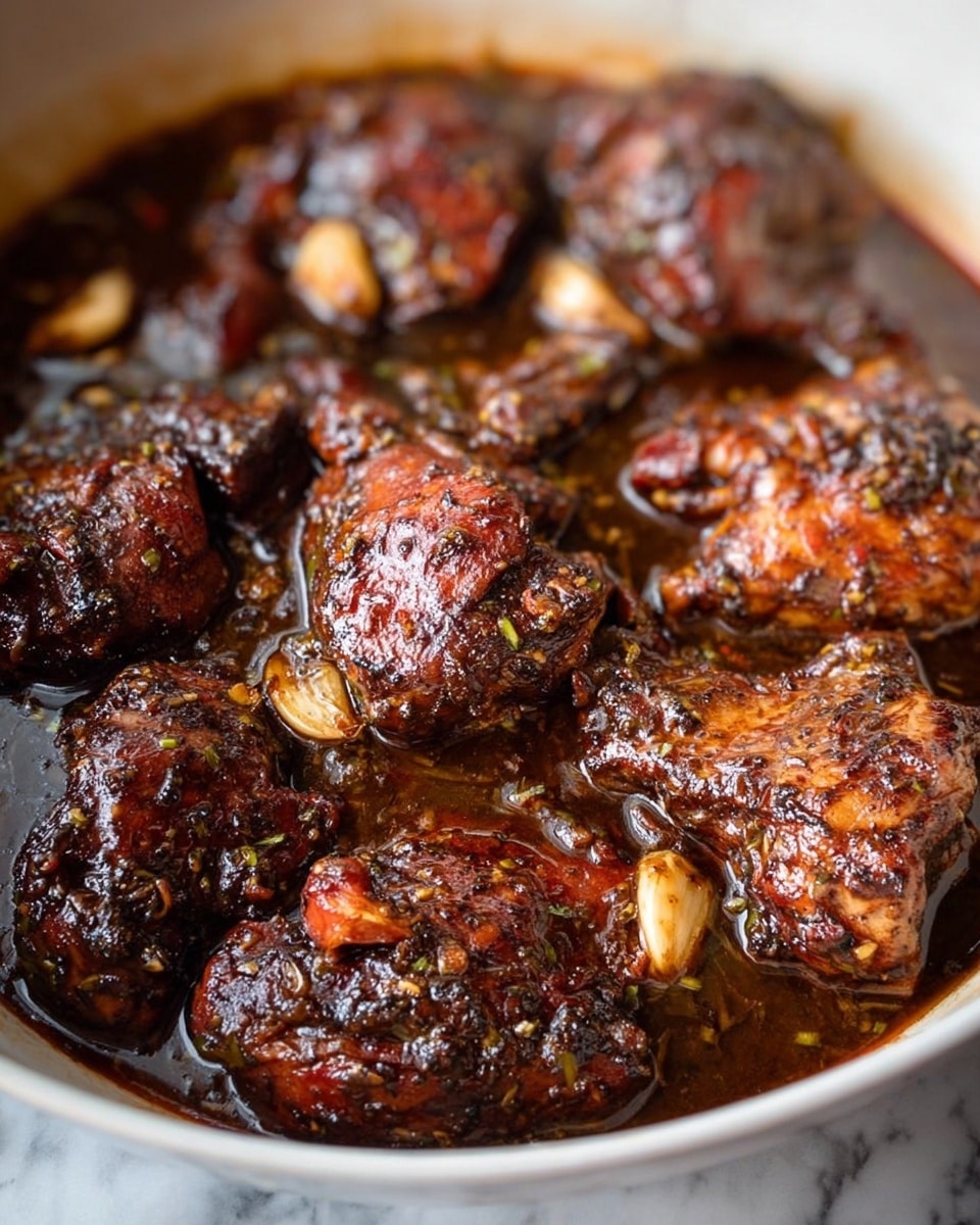The image shows a white pot filled with dark brown chicken pieces cooked in a thick, shiny sauce. The chicken pieces have a richly browned, almost blackened texture, with visible herbs and spices embedded on the surface. The sauce pools around the chicken, giving a glossy appearance with slight reddish and black specks scattered throughout. Small garlic cloves and bits of other seasonings are also visible among the chicken pieces. The overall look is dense and richly simmered, suggesting a deeply flavored dish. The background is a white marbled surface. photo taken with an iphone --ar 4:5 --v 7